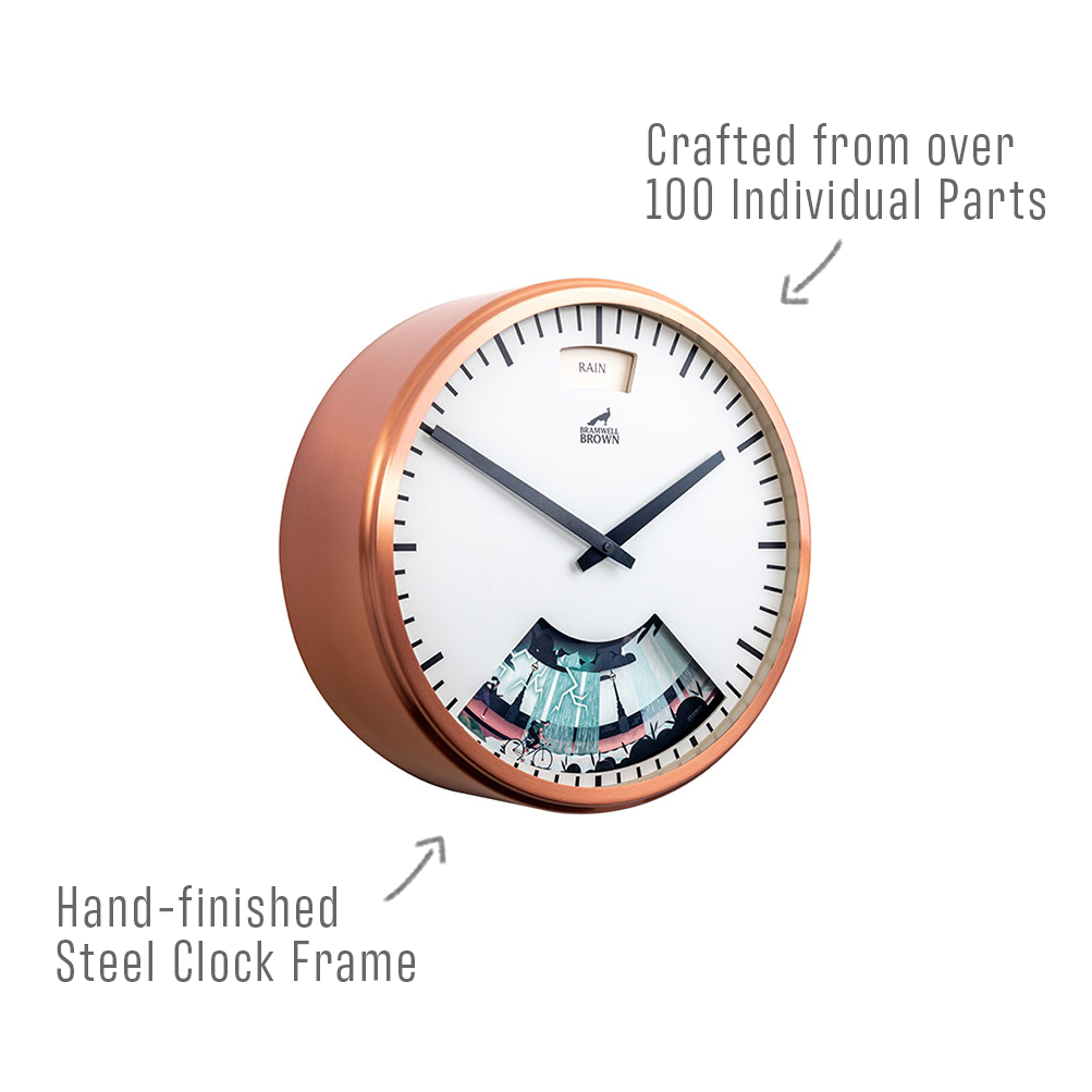 A round wall clock with a copper-toned, hand-finished steel frame. Text points to the clock, stating it’s crafted from over 100 individual parts. The lower part of the clock face features a small window with visible internal components.