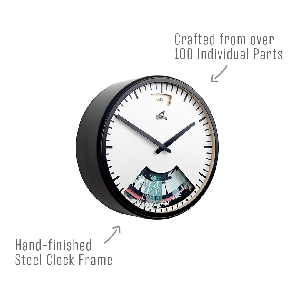 A modern wall clock with a white face, black steel frame, and a cutout showing internal parts. Text points out it is crafted from over 100 parts and has a hand-finished steel clock frame.