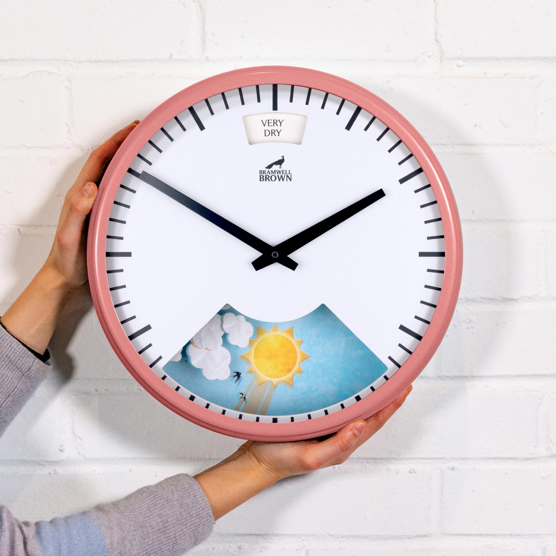 A person holds the Pink Weather Clock—a round clock with a pink frame and long black hands. It shows “VERY DRY” at the top, and has an illustrated sun, clouds, and blue sky on the lower part of its face.