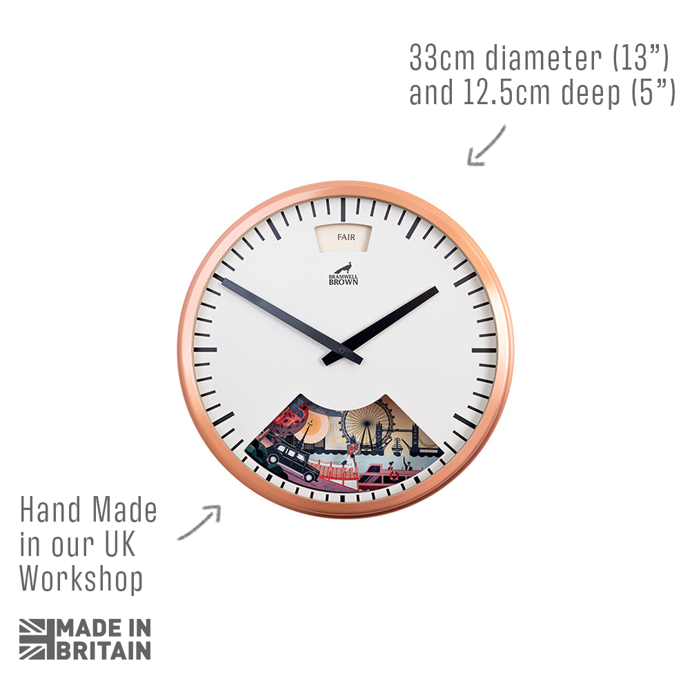 A round wall clock with a copper rim, 33cm diameter, featuring fairground artwork at the bottom. Text indicates its handmade in the UK and displays dimensions. Made in Britain logo is at the bottom left.
