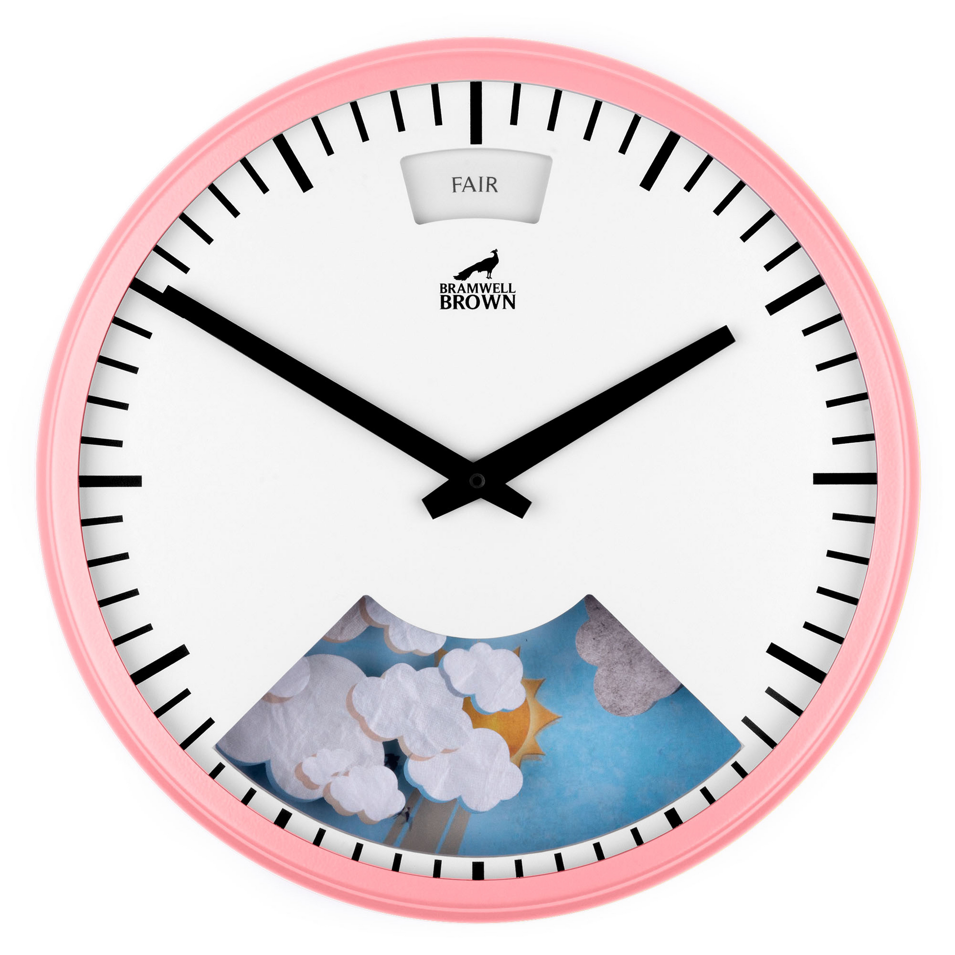 The Pink Weather Clock features a round design with a pink frame, bold black hands, and a weather display showing clouds and sun at the bottom. "FAIR" is labeled at the top, with Bramwell Brown printed on the clock face.