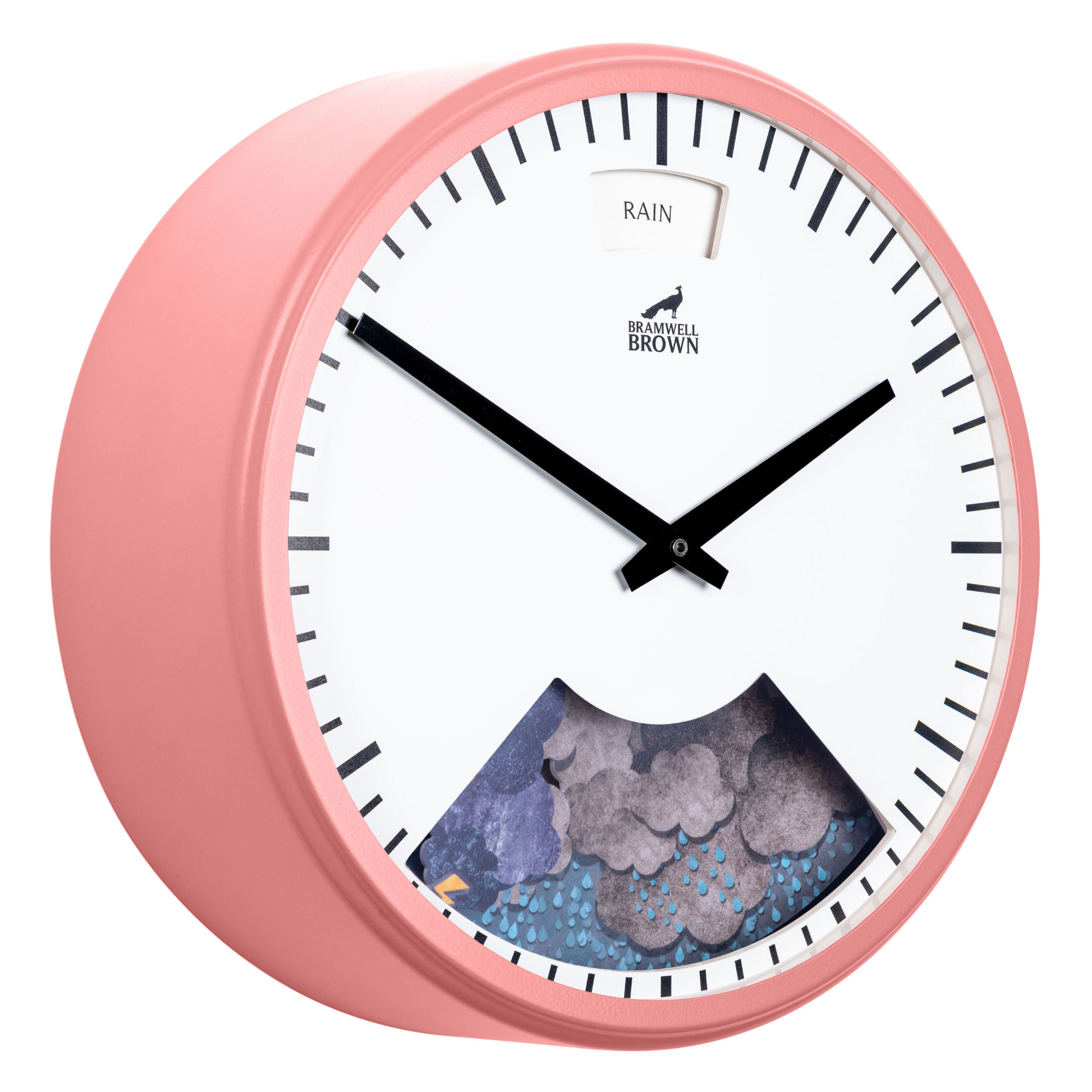 The Pink Weather Clock features a pink frame, black hands, and a white face with a small display of clouds and raindrops for rain. "RAIN" is printed at the top of the clock face.