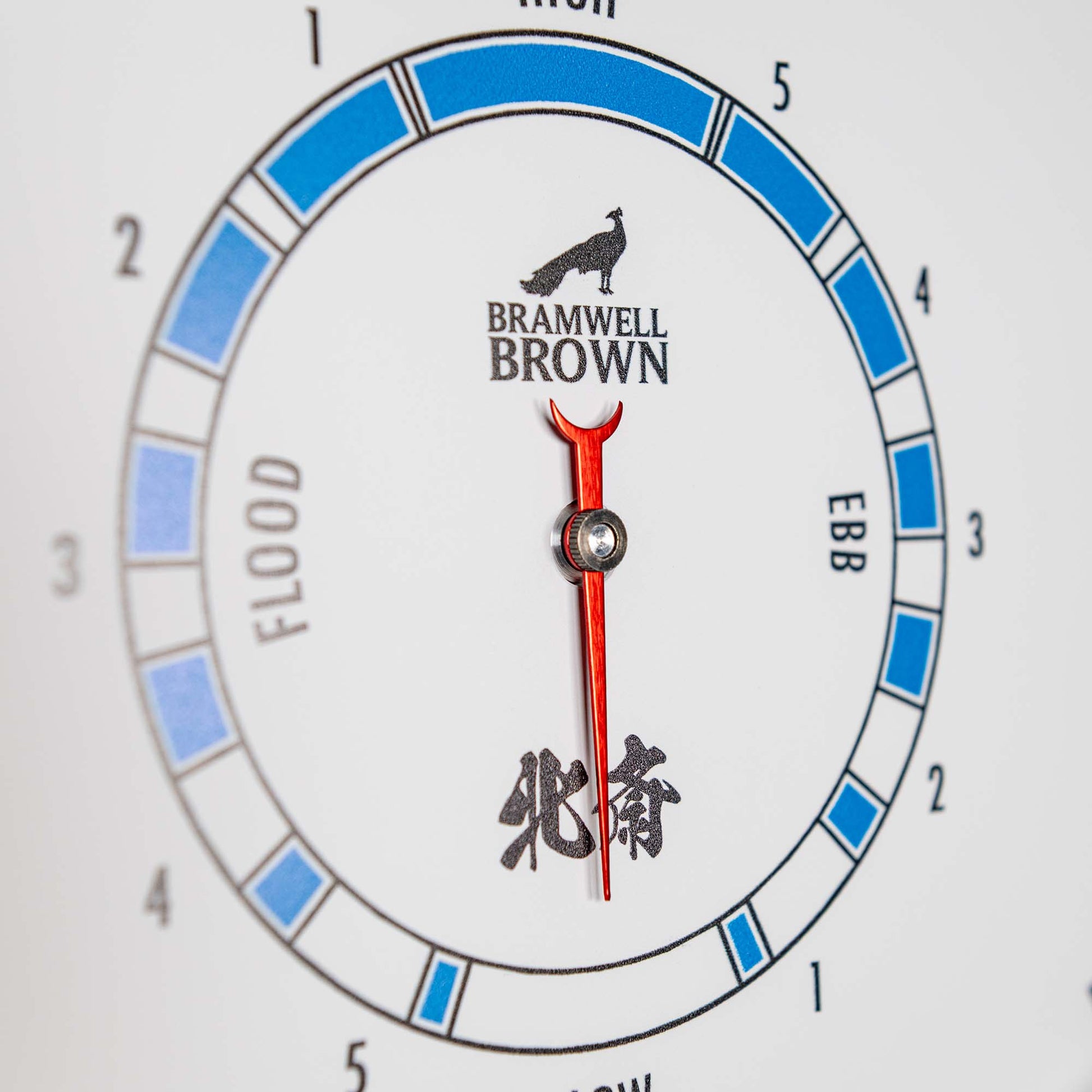 Close-up of the Hokusai Tide Art Clock with a red hand pointing to Flood. The clock face, inspired by the Great Wave off Kanagawa.