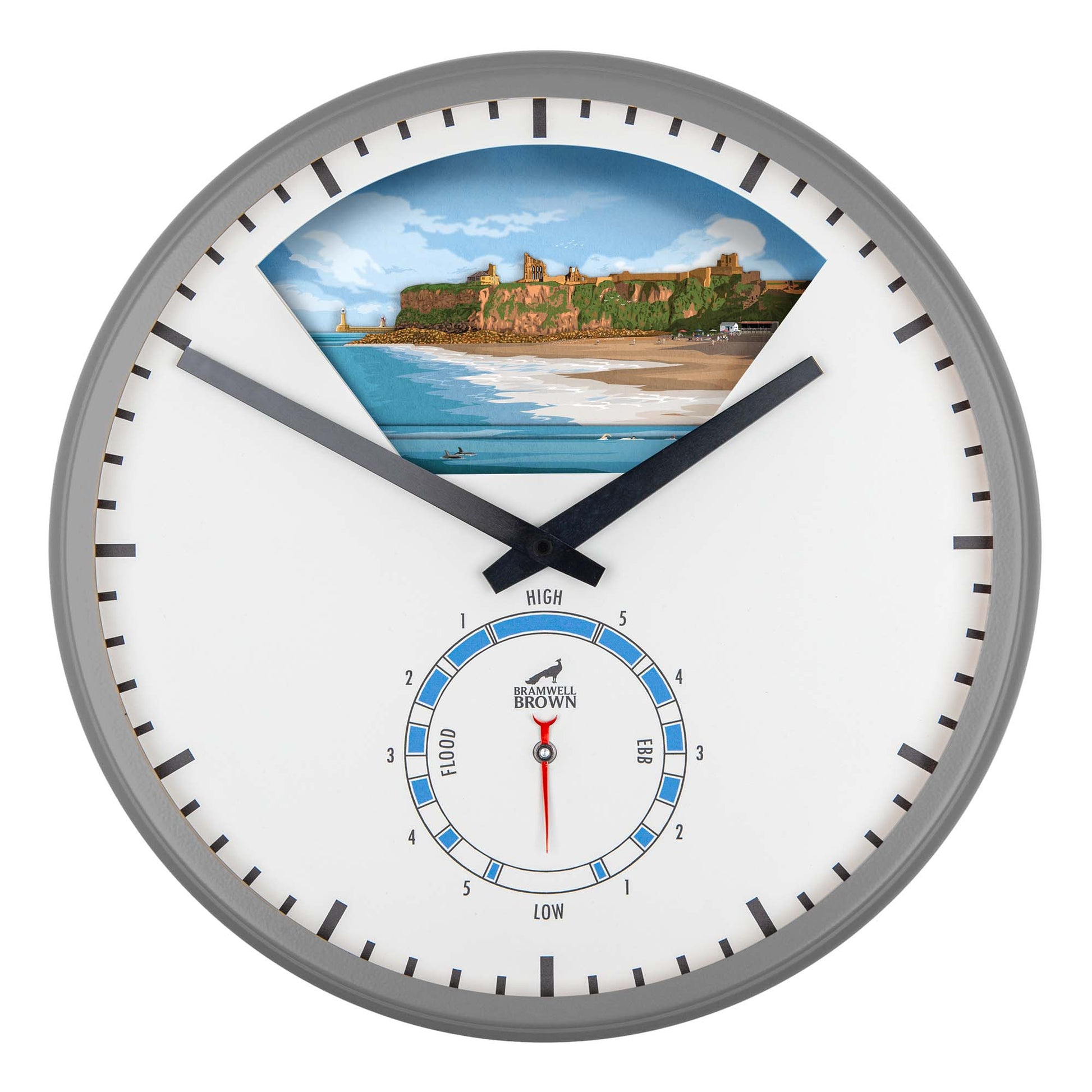 Round wall clock with black hands, a small tide gauge at the bottom center, and an illustration of a coastal landscape with cliffs and the sea at the top. The clock has a silver frame and minimalist design.