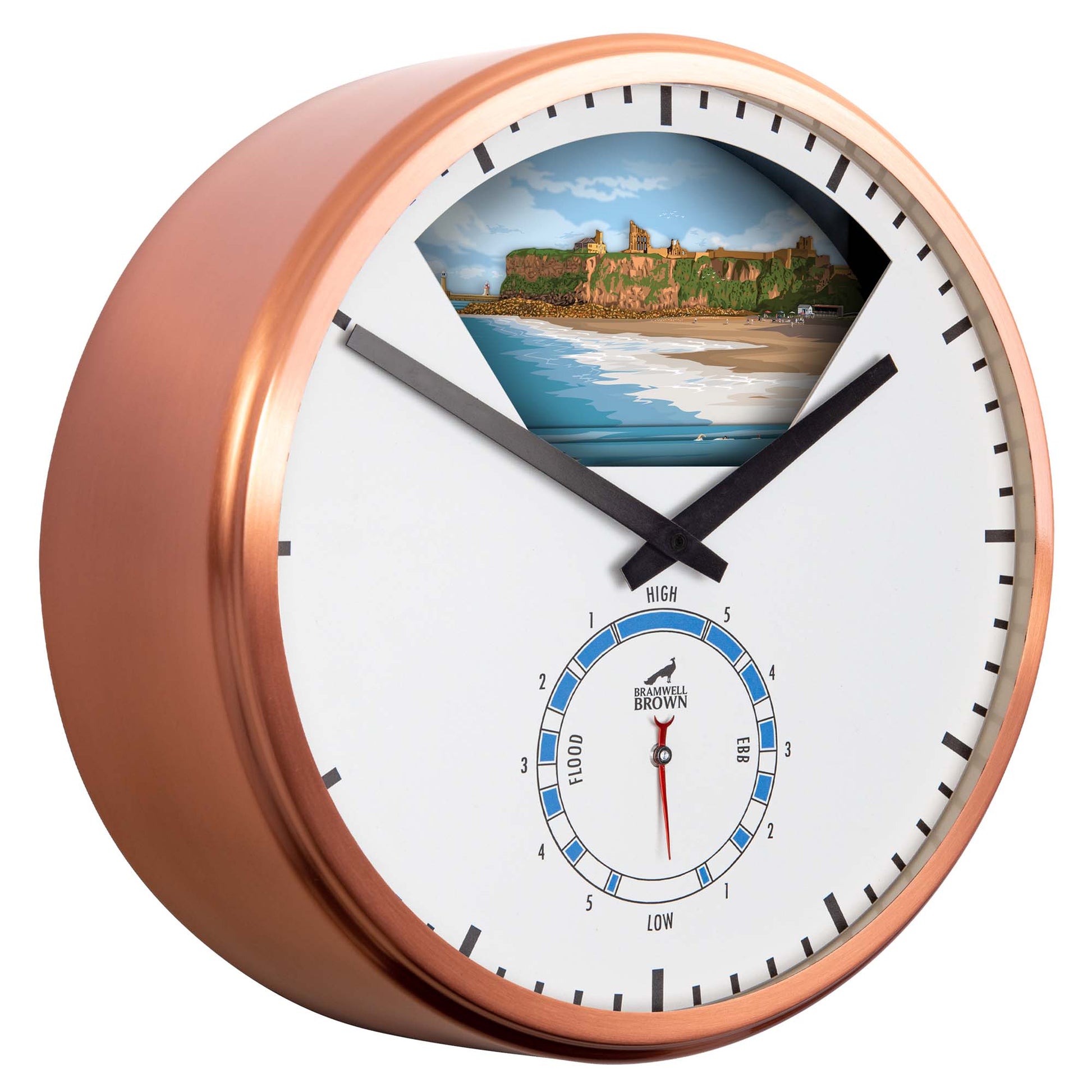 A copper-framed clock with two black hands, a small tide gauge at the bottom, and a scenic landscape of a beach and castle at the top. The main clock face is white with black hour marks.