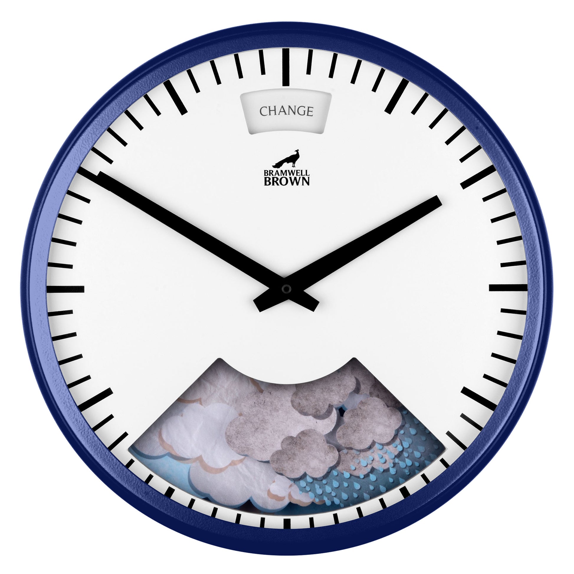 The Downpour Blue Weather Clock features a round blue frame, black hour and minute hands, tick marks, clouds and rain on the lower half, and CHANGE at the top—ideal for anyone wanting bespoke assembly.
