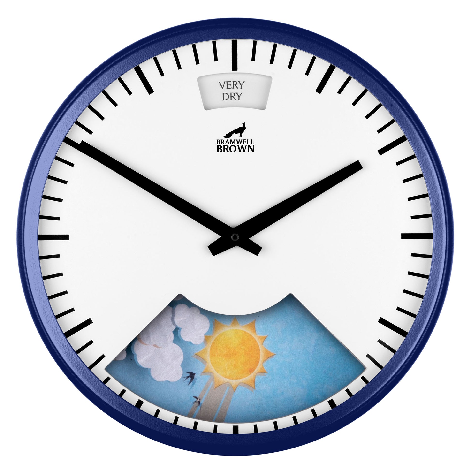 The Downpour Blue Weather Clock features a round blue frame, displays “VERY DRY” at the top, black hour and minute hands, and a small window at the bottom showing a sun, clouds, and birds against a blue sky.