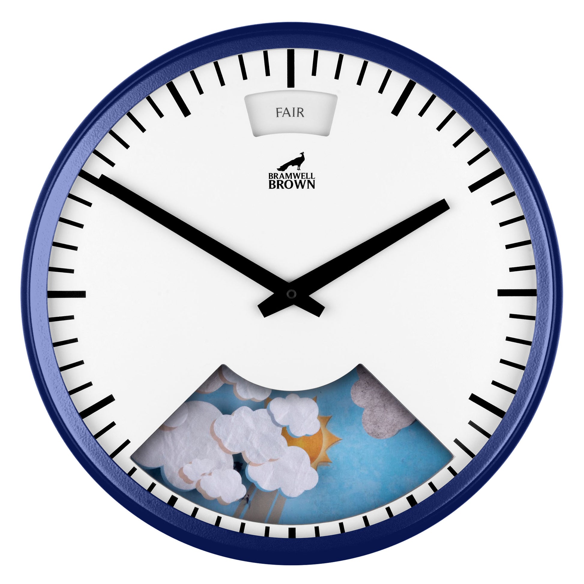 A round wall clock with a blue frame, black hands, and a section showing clouds and a sun. The top window displays the word FAIR, and the clock face features the Bramwell Brown logo.