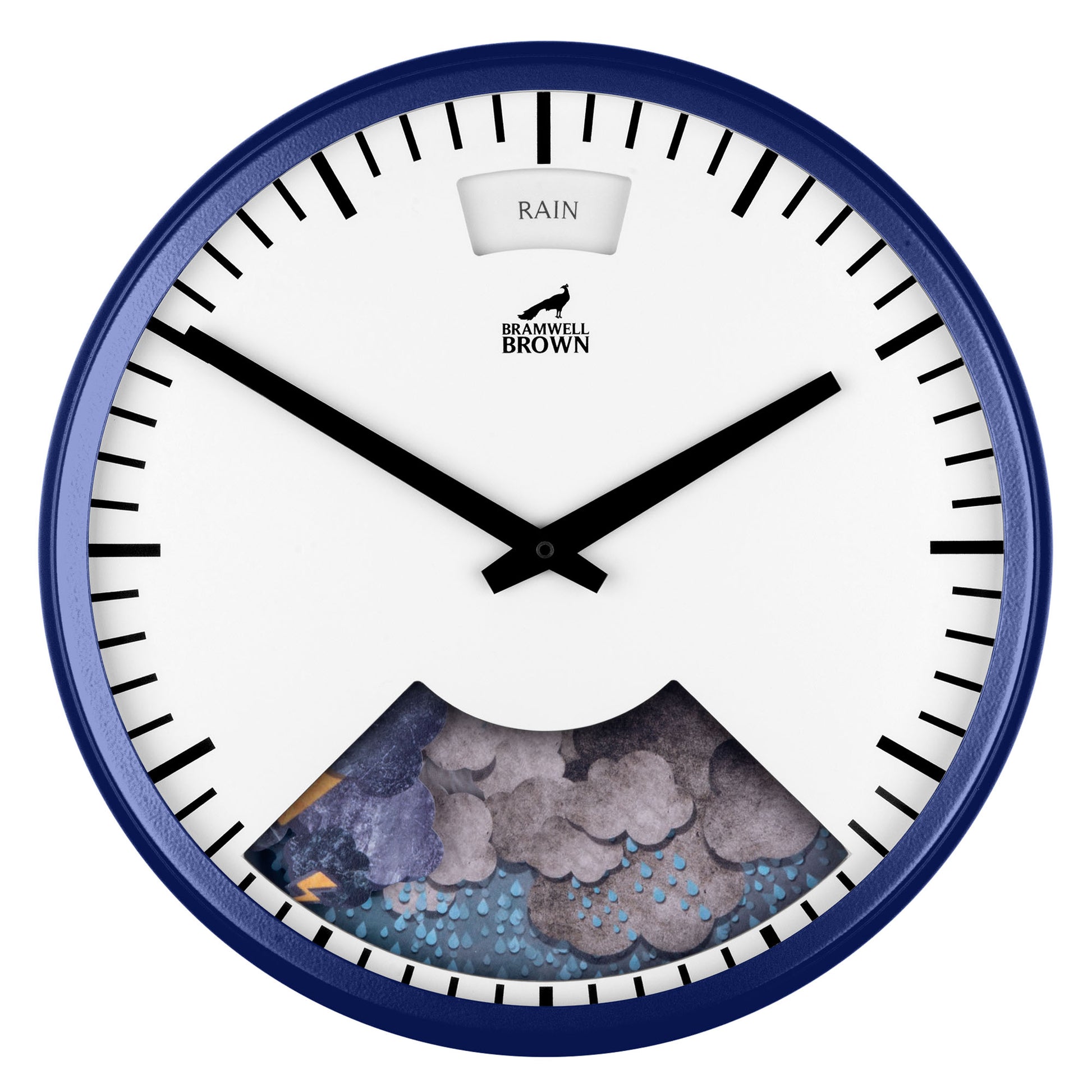 The Downpour Blue Weather Clock is round with a blue frame, black hands, and tick marks. It displays "RAIN" at the top and features clouds with raindrops—an appealing custom accent for any room.