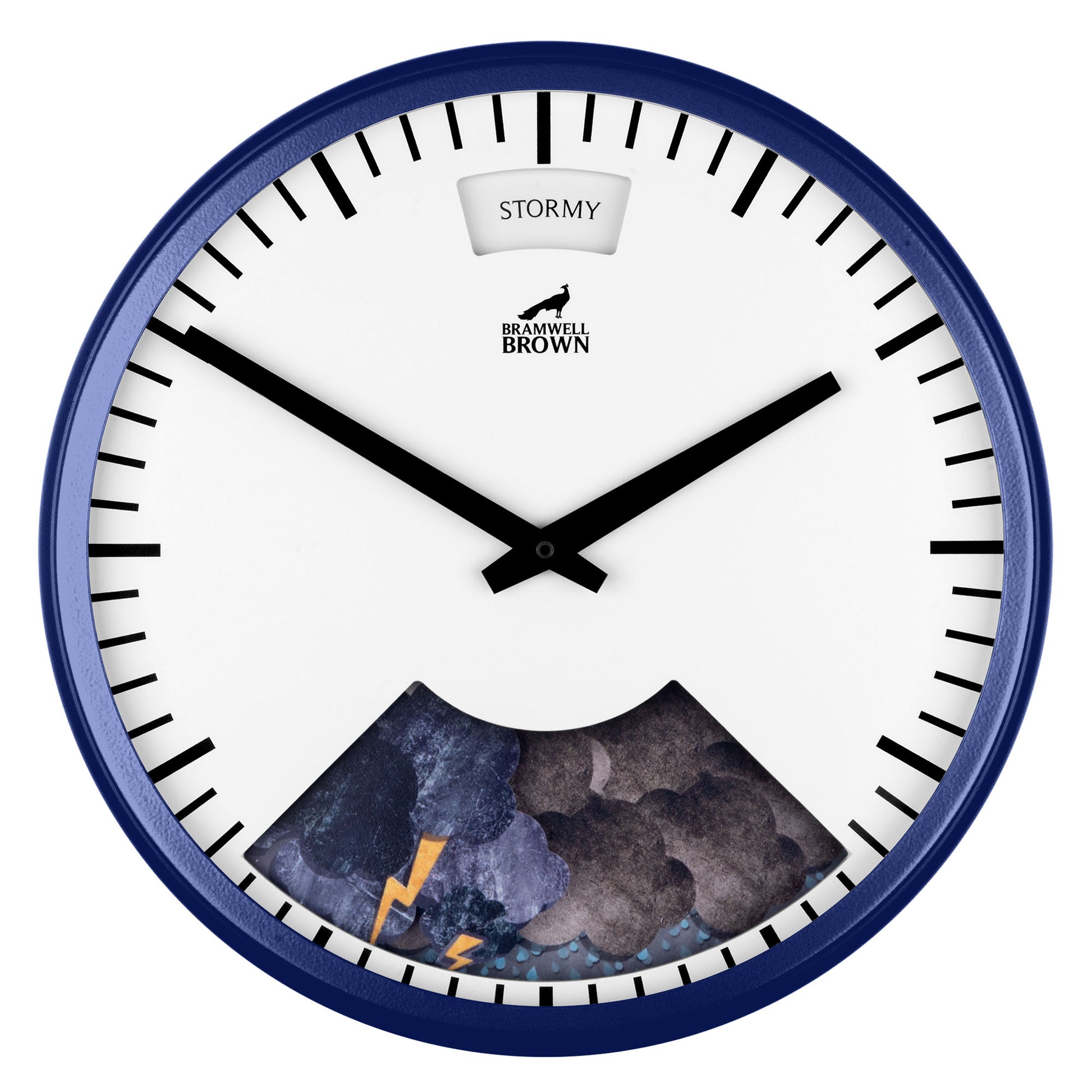 The Downpour Blue Weather Clock is a round clock with a blue frame, two black hands set at 10:10, “STORMY” at the top, and features storm clouds and a lightning bolt near the bottom—a unique bespoke piece.