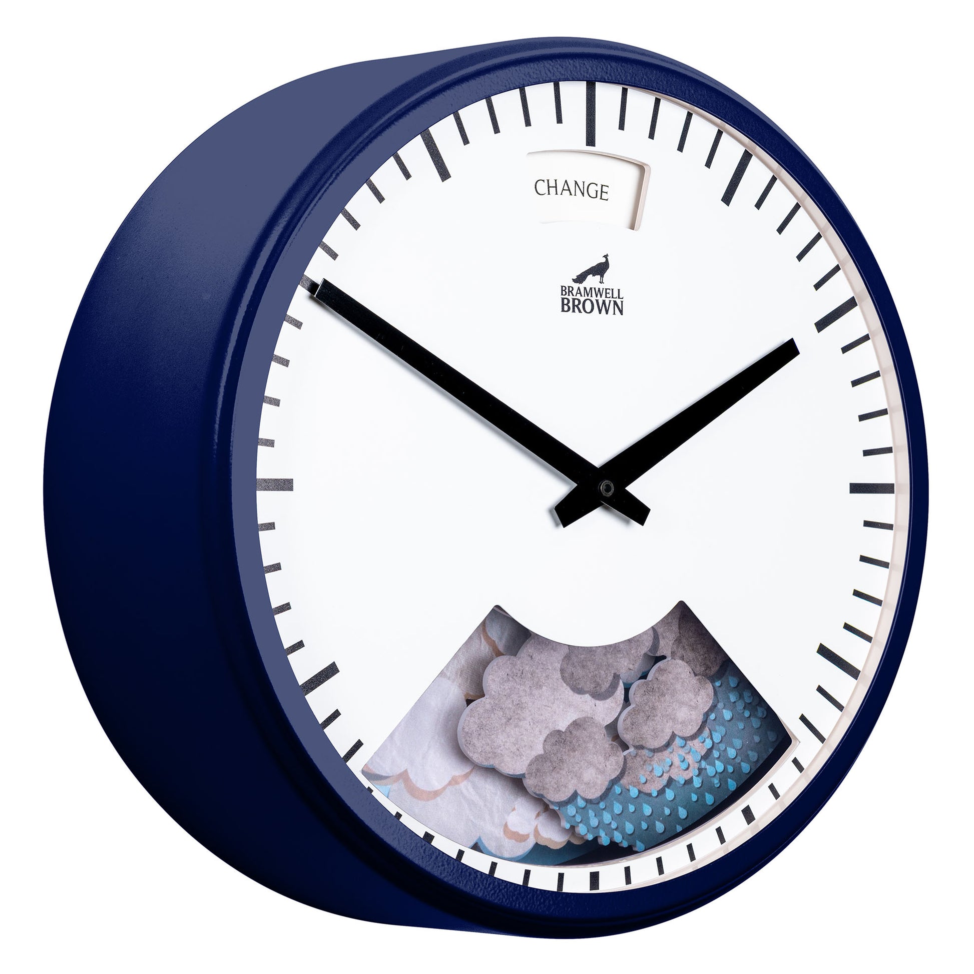 The Downpour Blue Weather Clock is a round timepiece with a navy blue frame, black hands, and a white face. It features weather-themed art—clouds and raindrops in a lower window—and the word CHANGE at the top.