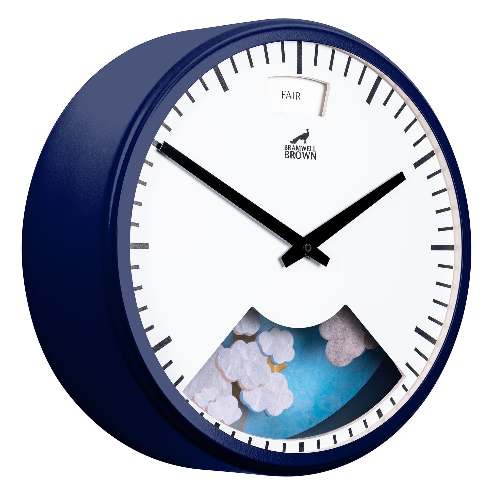 The Downpour Blue Weather Clock features black hands on a white face, a FAIR weather indicator at the top, and a window at the bottom showing clouds and blue sky—a unique piece for lovers of distinctive design.