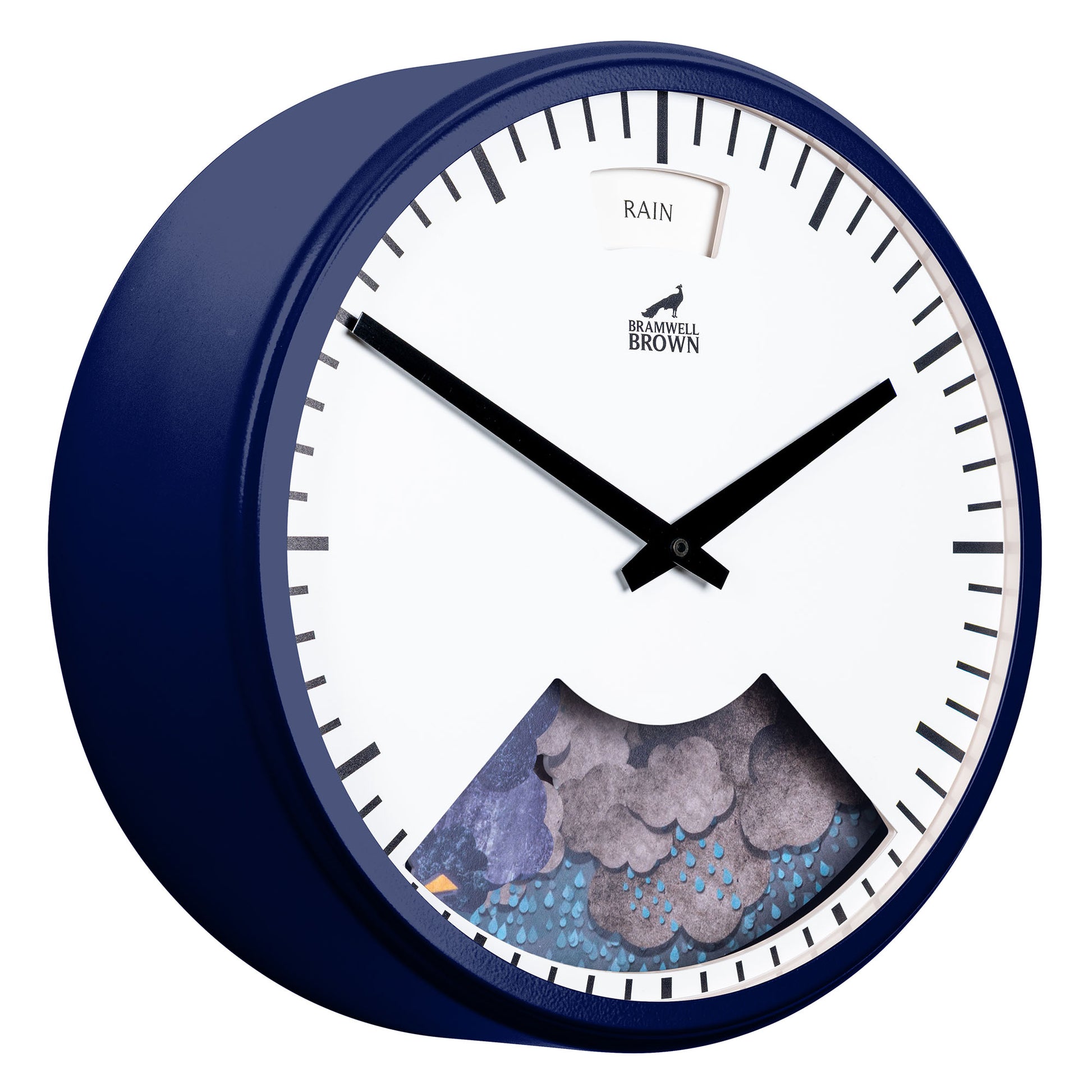 The Downpour Blue Weather Clock shows 10:10 with a round navy face. A window at the bottom displays dark clouds and rain, while the label "RAIN" appears at the top—a unique piece for weather fans.