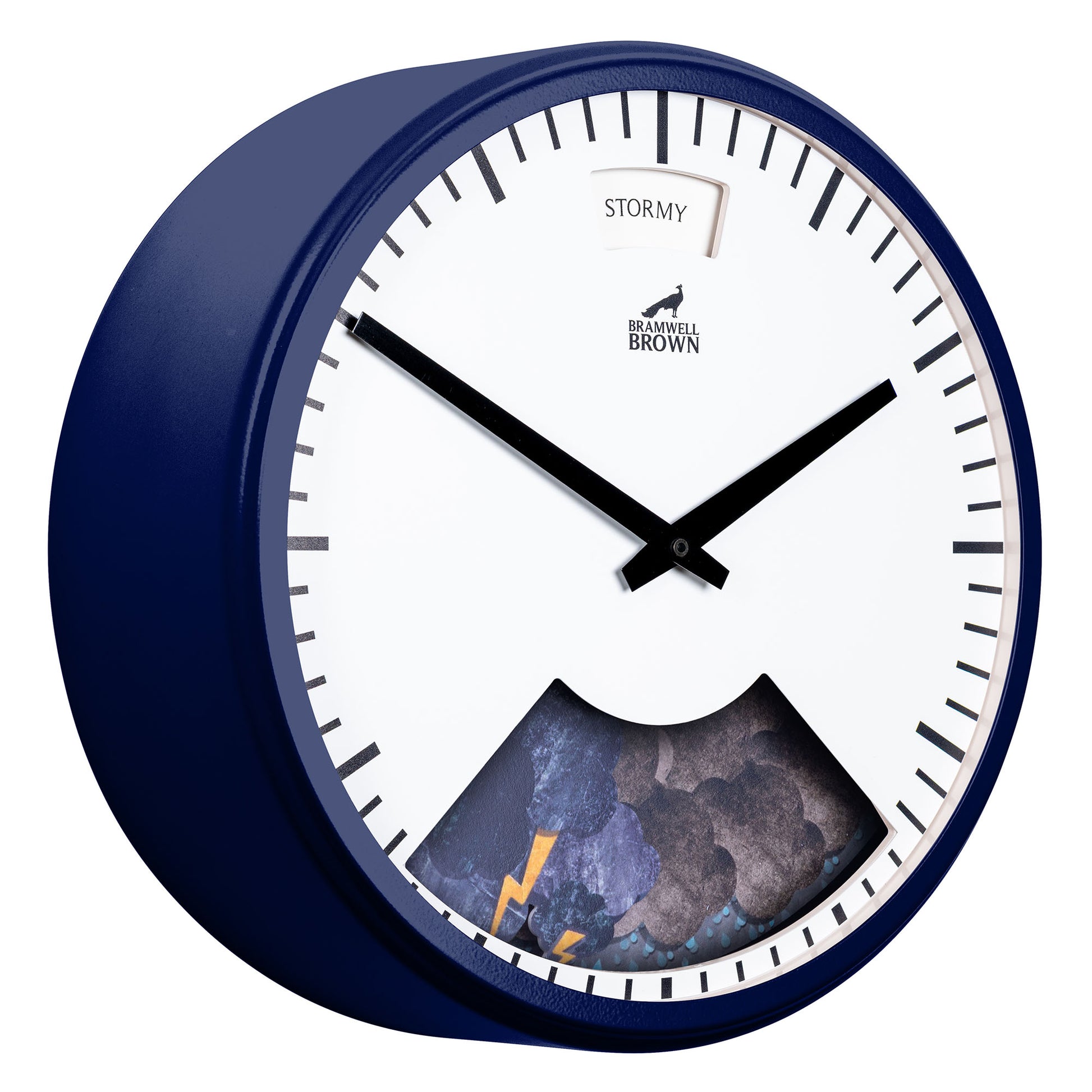 The Downpour Blue Weather Clock shows 10:10 with “STORMY” at the top and a window with storm clouds and lightning below—ideal for those who value bespoke assembly and unique, weather-inspired design.