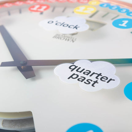 Close-up of a clock face with colorful numbers and labels. The clocks hour and minute hands point to 1 and 3, with text reading oclock and quarter past on cloud-shaped labels.
