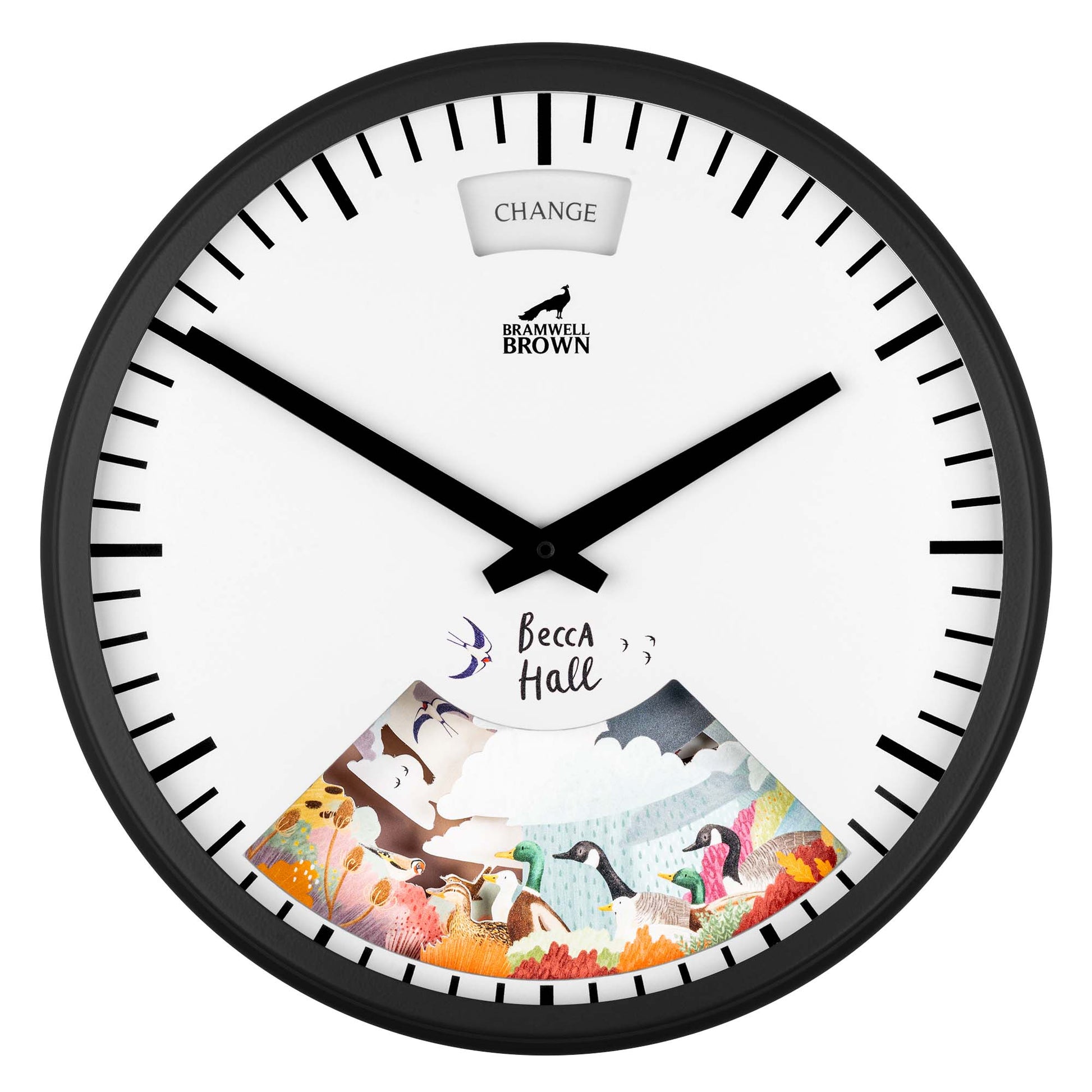 Round wall clock with black frame, black hour and minute hands, the word CHANGE at the top, and colorful illustrated scenery with animals and Becca Hall written at the bottom.