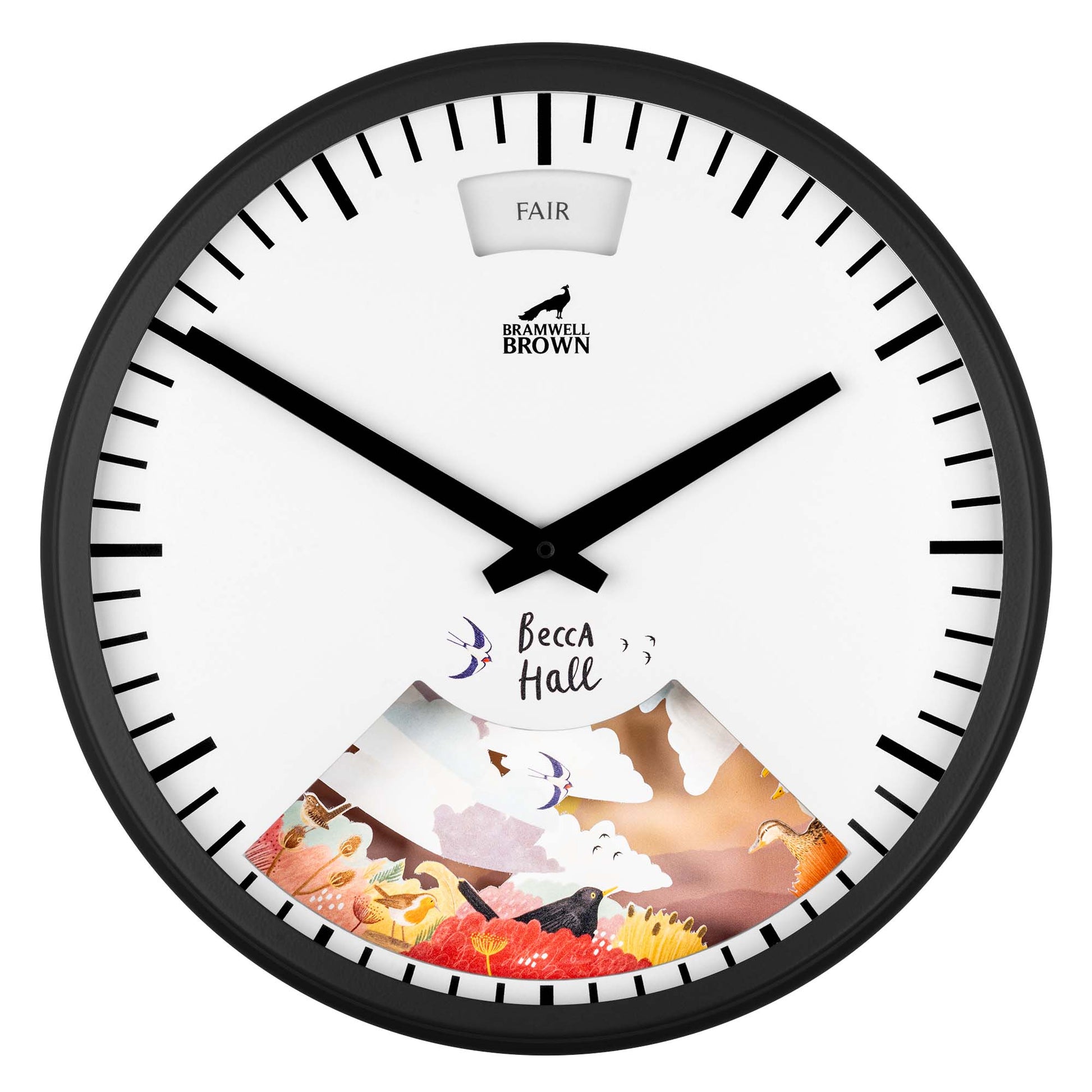 A round wall clock with black frame and hands. The top reads FAIR, with Bramwell Brown below. The lower part features a colorful illustration of a landscape with Becca Hall written above it.