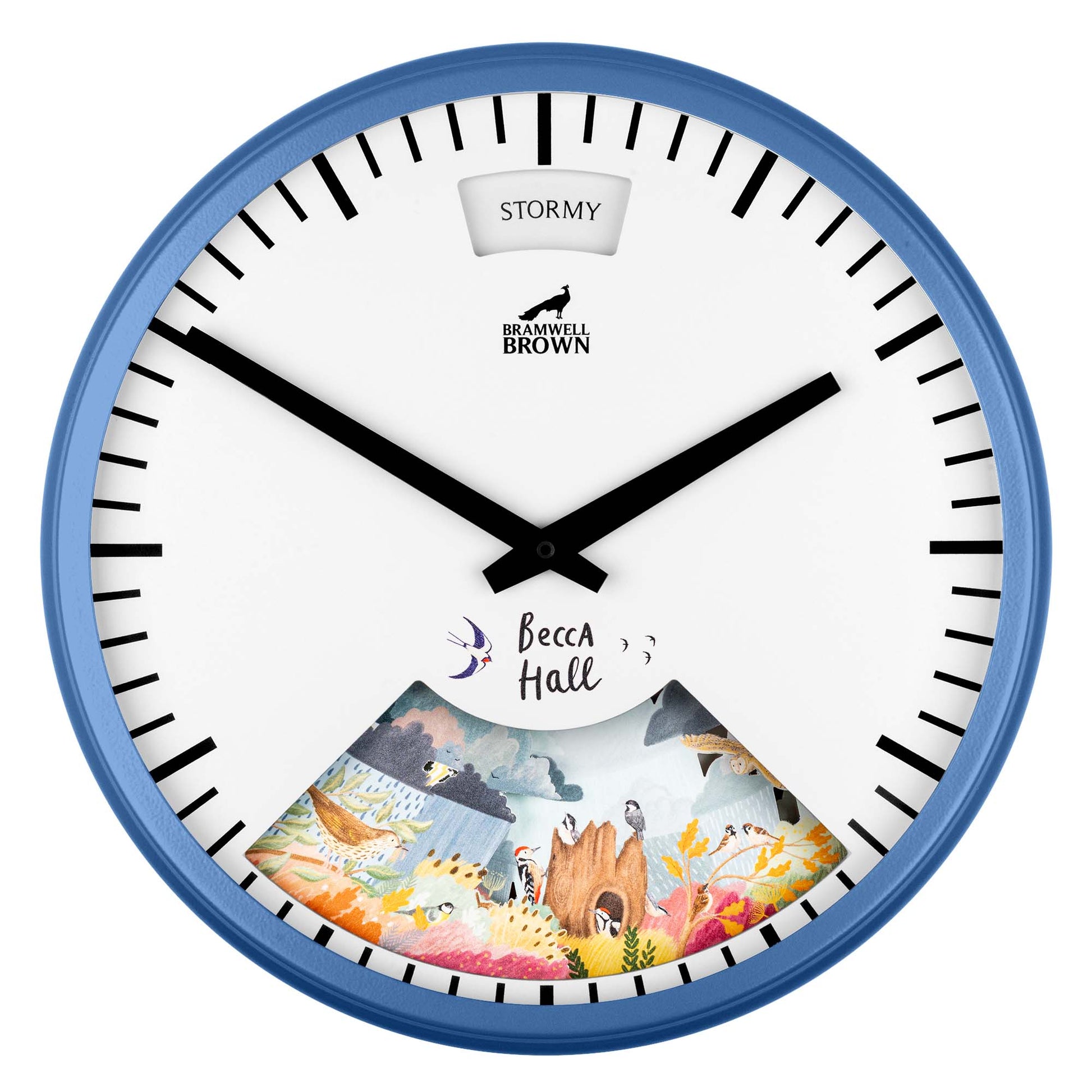 A round wall clock with a blue frame, black hands, and black markers. The center features colorful nature artwork with animals, and a STORMY weather indicator at the top. The clock reads 10:08.