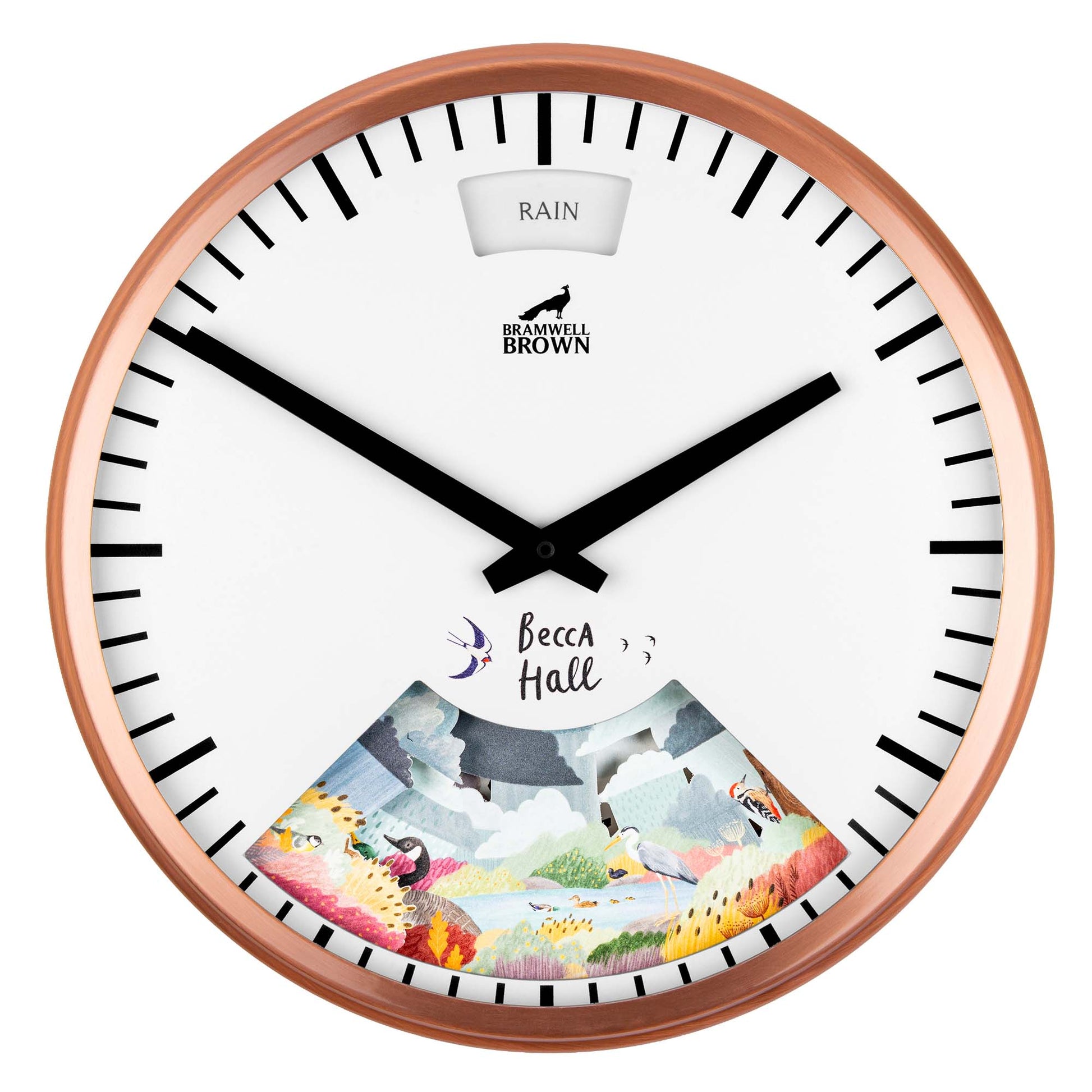 A round wall clock with black hour and minute hands, a copper frame, and a weather display window reading RAIN at the top. The lower section features colorful artwork with clouds, animals, and nature.