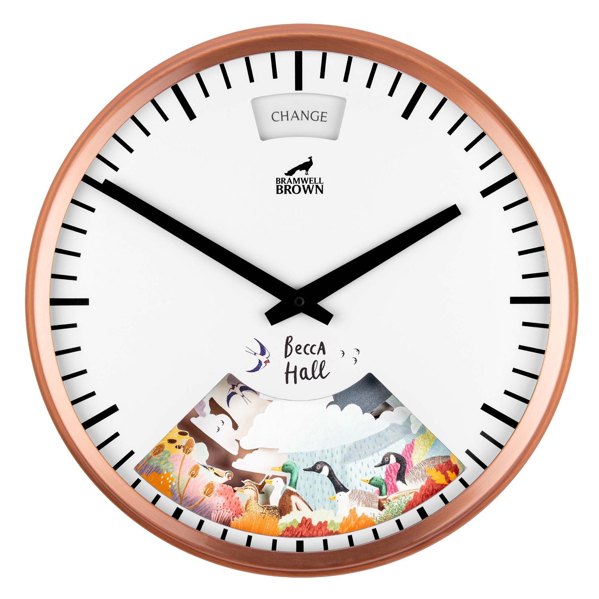 A round wall clock with a copper frame, black hands, and the word CHANGE at the top. The lower part features an illustrated scene of wildlife, colorful plants, and animals, with the name Becca Hall in the center.