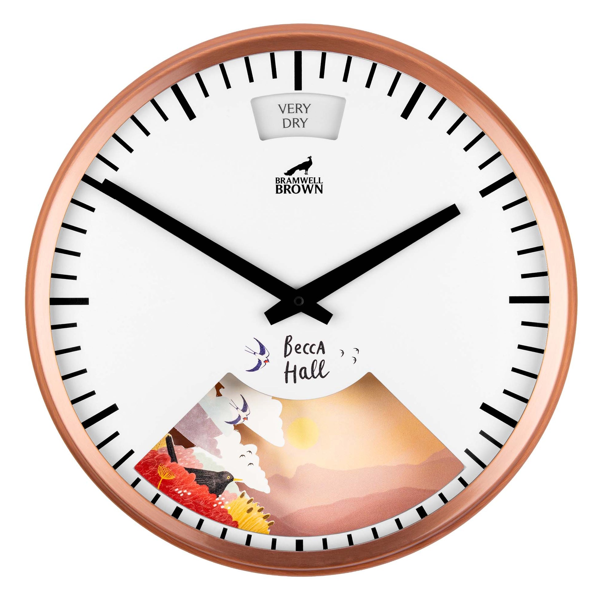 A round wall clock with a gold rim. The face shows Bramwell Brown branding, VERY DRY at the top, and Becca Hall with a mountain and landscape illustration at the bottom. The time is about 10:09.