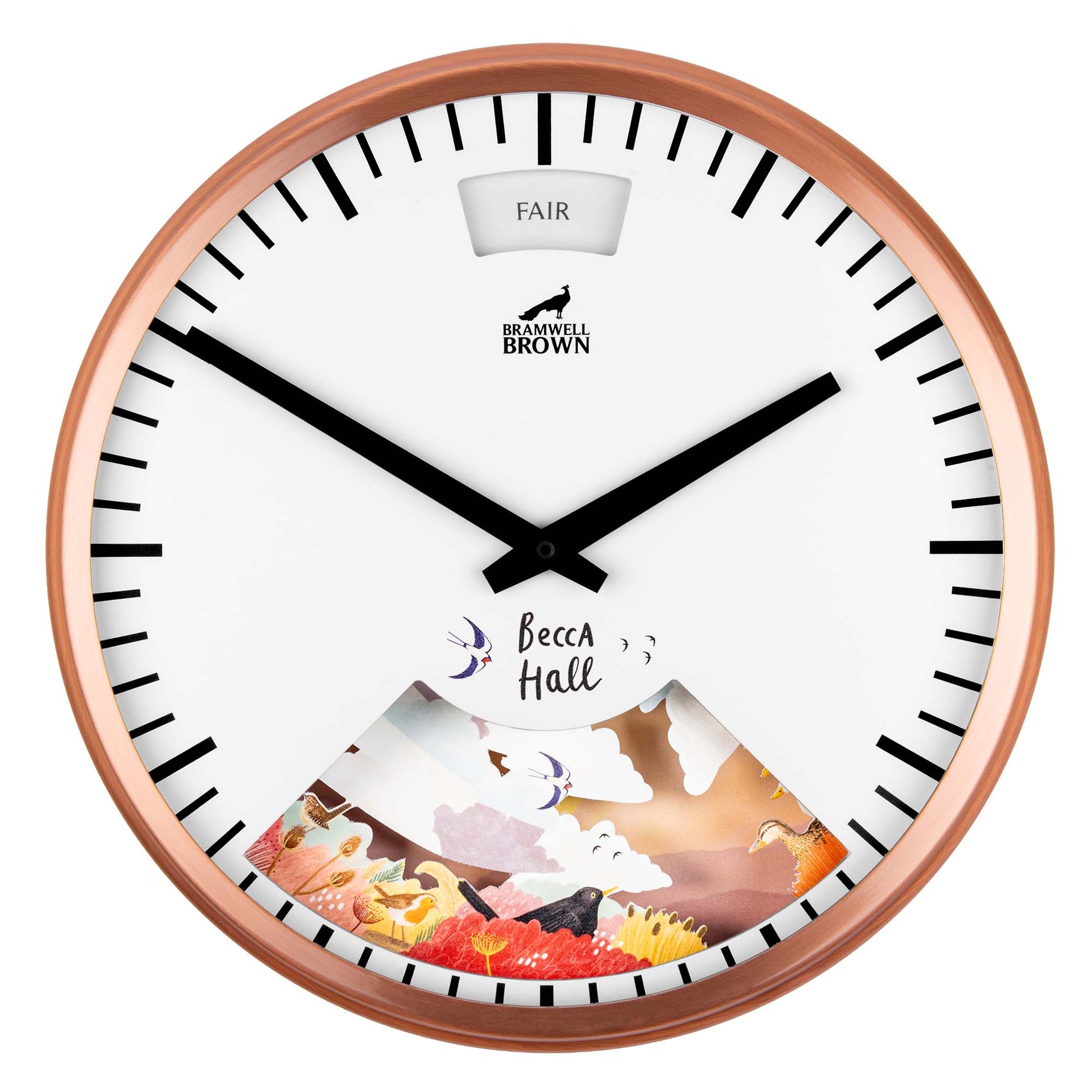 A wall clock with a copper frame, black hands, and a white face. The top displays a small FAIR weather window. The lower section features illustrated nature artwork and the name Becca Hall.