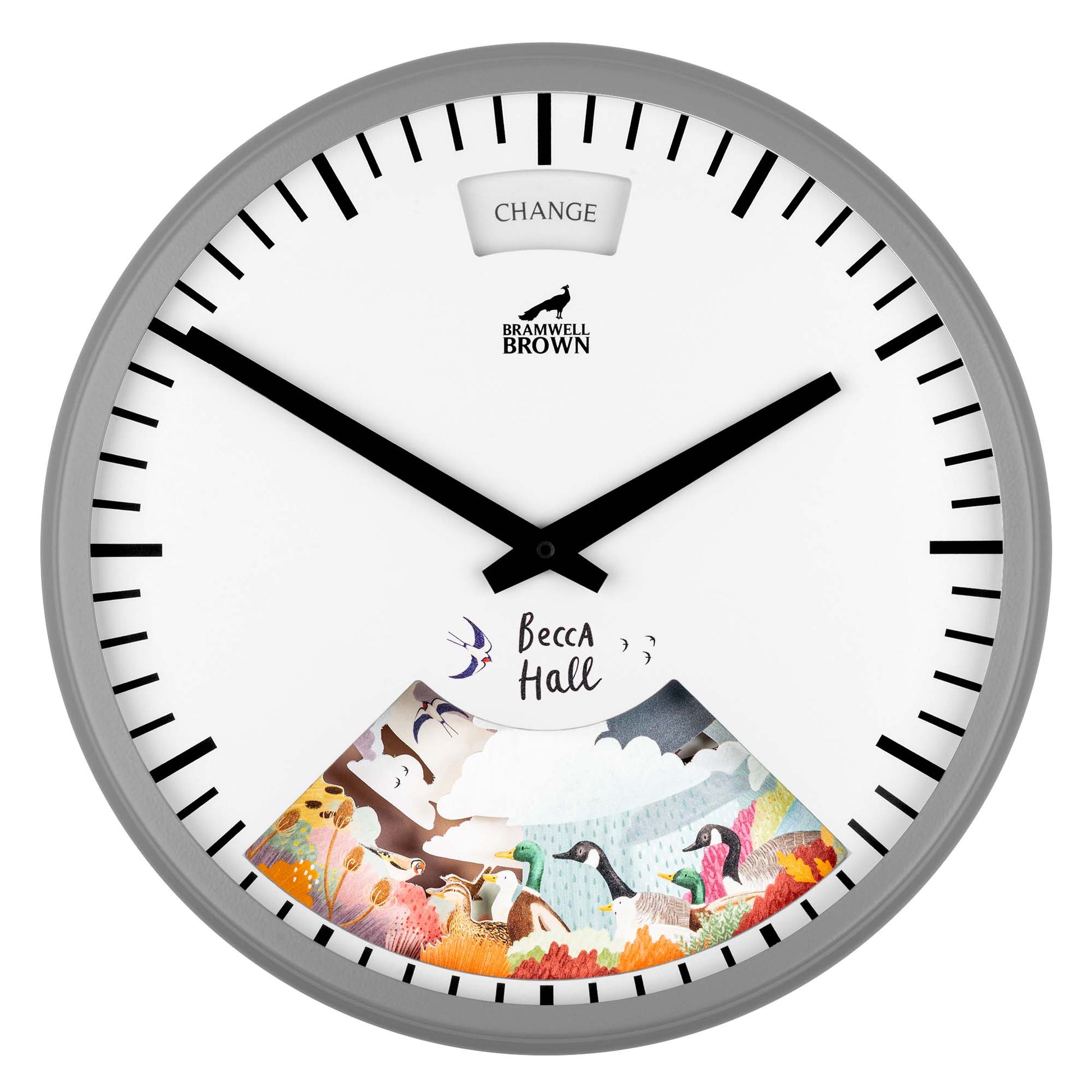 A round wall clock with black hands and markers, labeled “Bramwell Brown” and “Change.” The lower part features colorful illustrated animals, trees, and birds with the text Becca Hall.