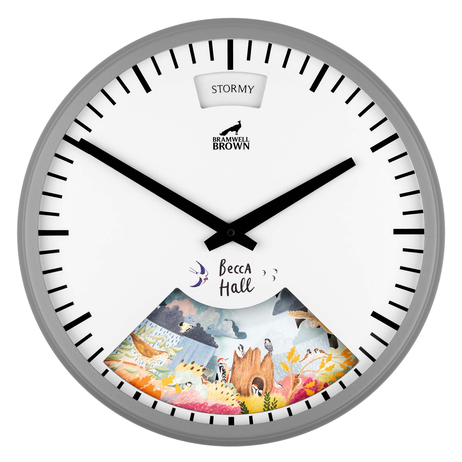 A round wall clock with black hands and markings, labeled STORMY at the top, Bramwell Brown in the center, and Becca Hall above a colorful illustrated landscape at the bottom.