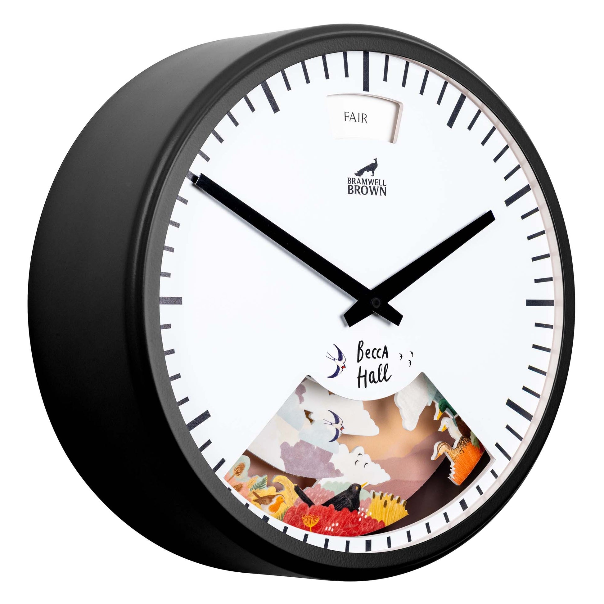 A round wall clock with a black frame and white face, displaying black hour and minute hands. The lower part features colorful coral illustrations and the words “Becca Hall”, while the top shows a FAIR weather indicator.