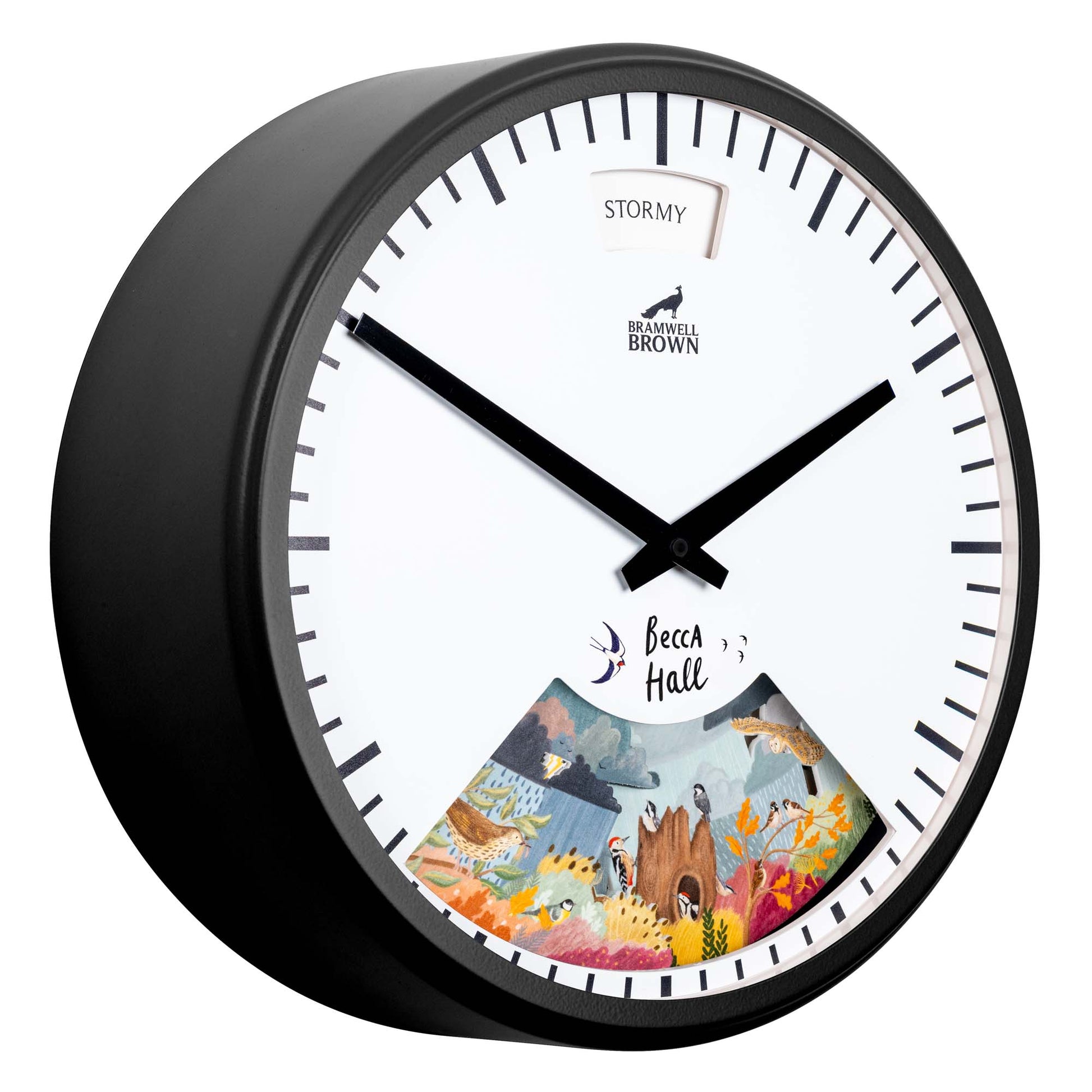 A black wall clock with bold black hour and minute hands. The lower part of the clock face features a colorful illustration of an underwater coral reef by Becca Hall. A small STORMY label appears near the top.