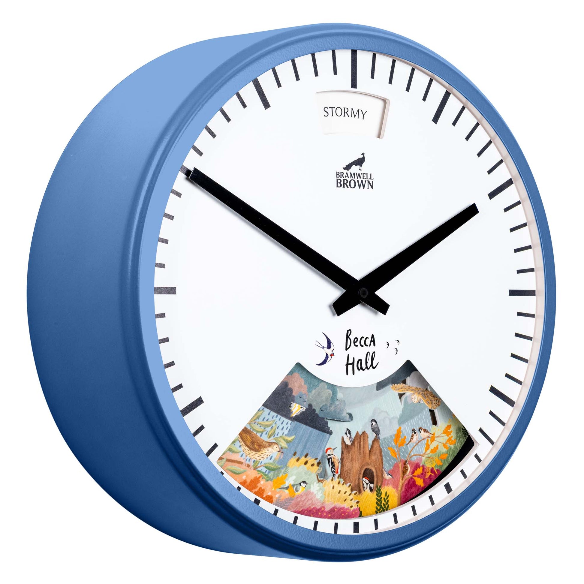 A blue wall clock with black hands and a white face. The lower part features a colorful underwater illustration with fish and coral, and the word STORMY appears at the top to indicate the weather.