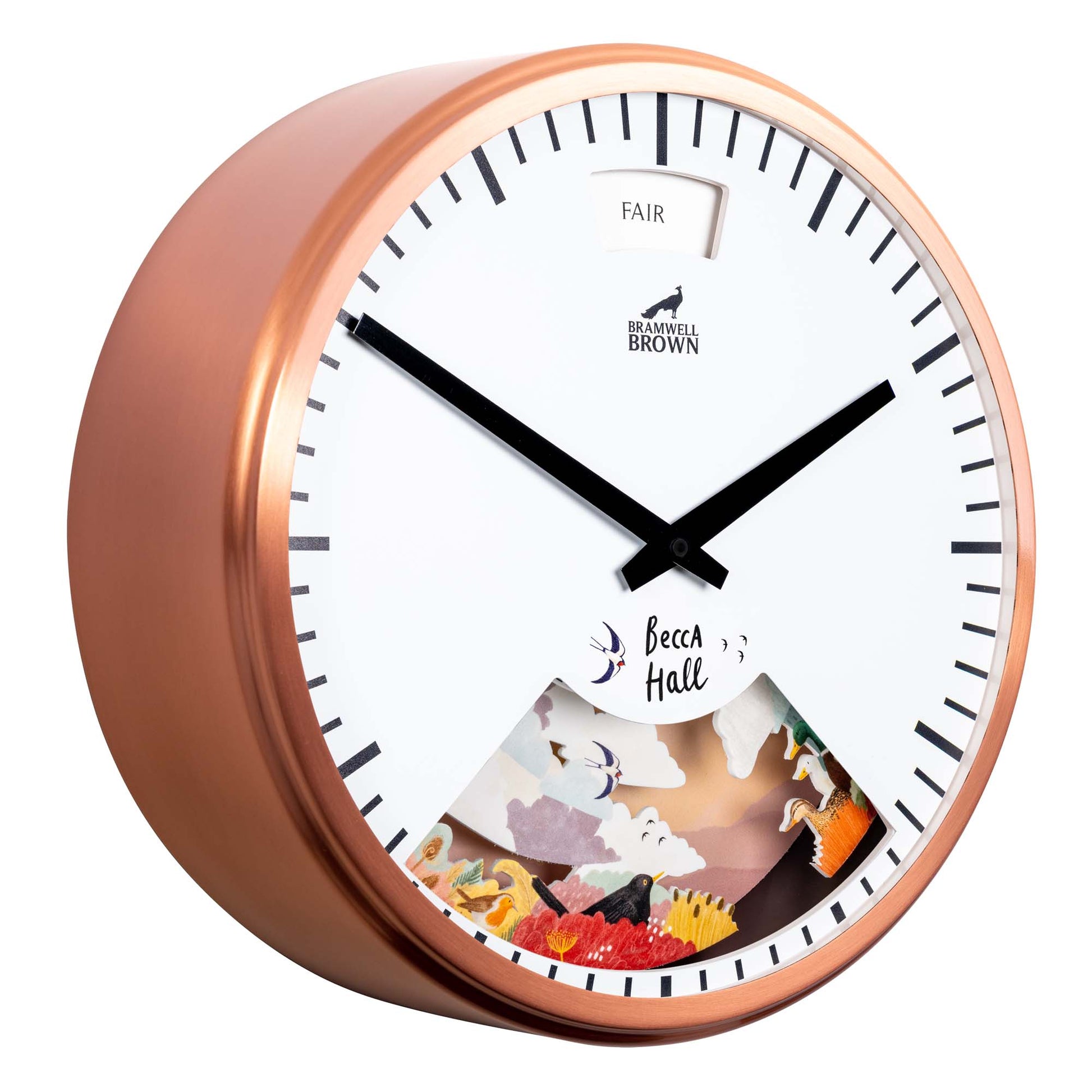 A copper-framed wall clock with black hands and minute marks. The face displays Bramwell Brown and a FAIR weather indicator, with a colorful weather-themed illustration at the bottom labeled Becca Hall.