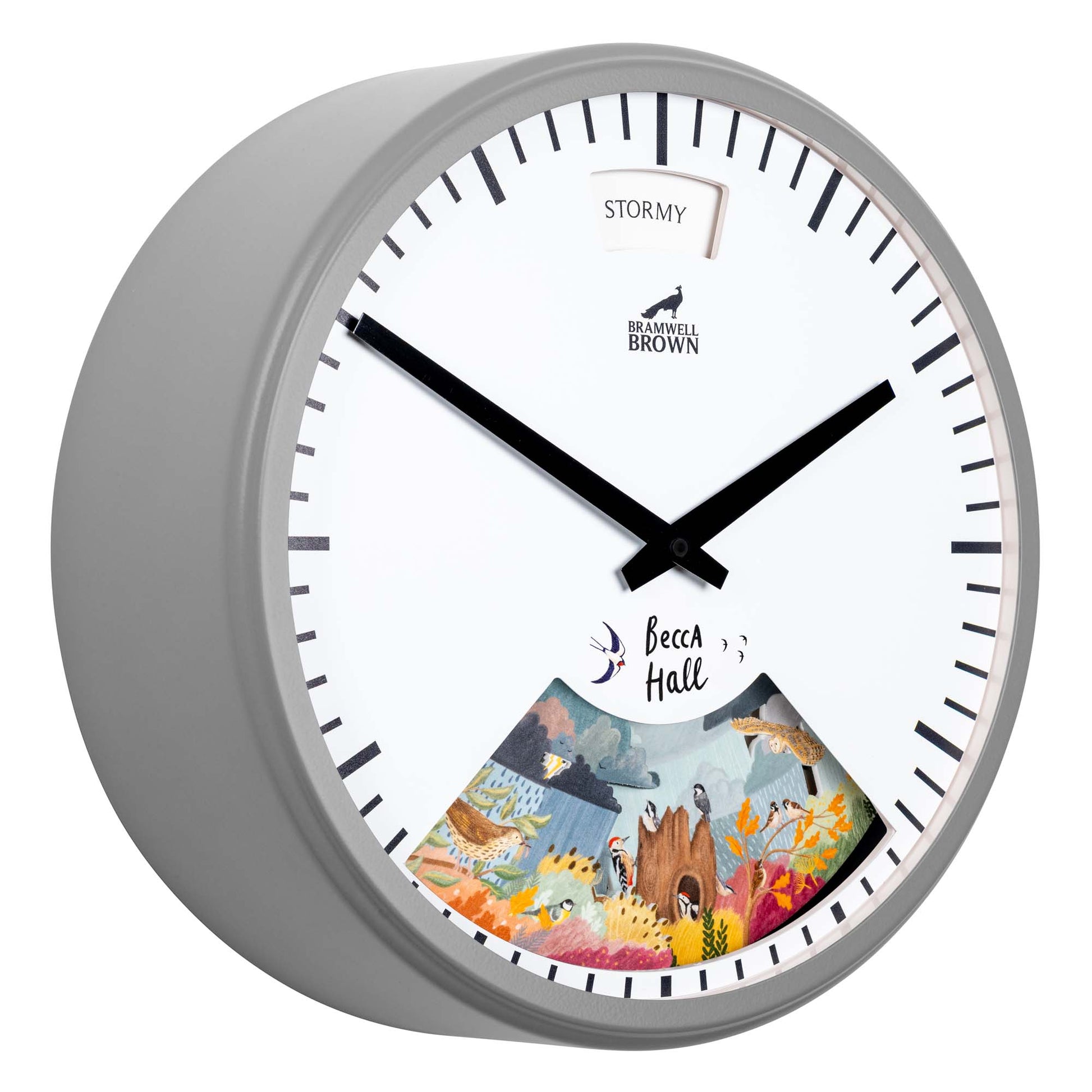 A round wall clock with a gray frame, black hour and minute hands, and a white face. The lower part features a colorful illustration of marine life, and a window at the top displays the word STORMY.