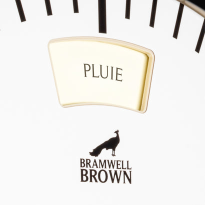 A close-up of the French-language Weather Clock displays “PLUIE” in the forecast window above the Bramwell Brown logo with its distinctive peacock silhouette. Black gauge marks are visible at the top edge, showcasing this unique wall art clock.