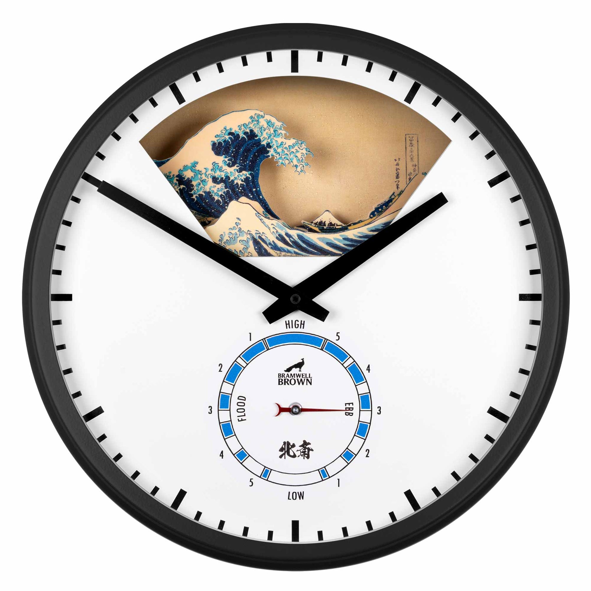 The Hokusai Tide Art Clock features a black frame, black hands, and a tide gauge dial. Its face displays art inspired by the Great Wave Off Kanagawa, combining classic style with functional tide tracking.