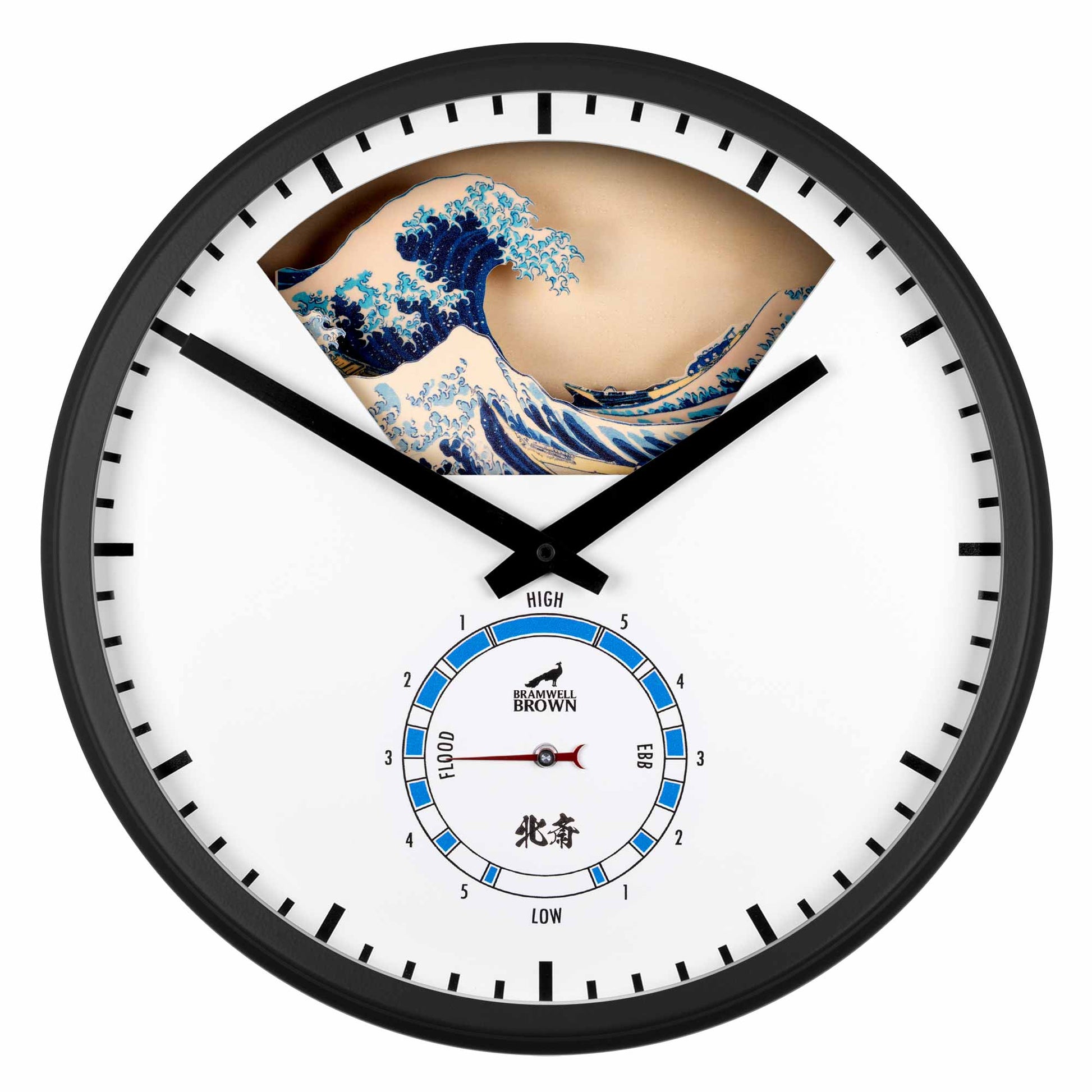 The Hokusai Tide Art Clock is round with a black frame, featuring The Great Wave Off Kanagawa above center and a tide gauge below labeled HIGH and LOW in English and Japanese.
