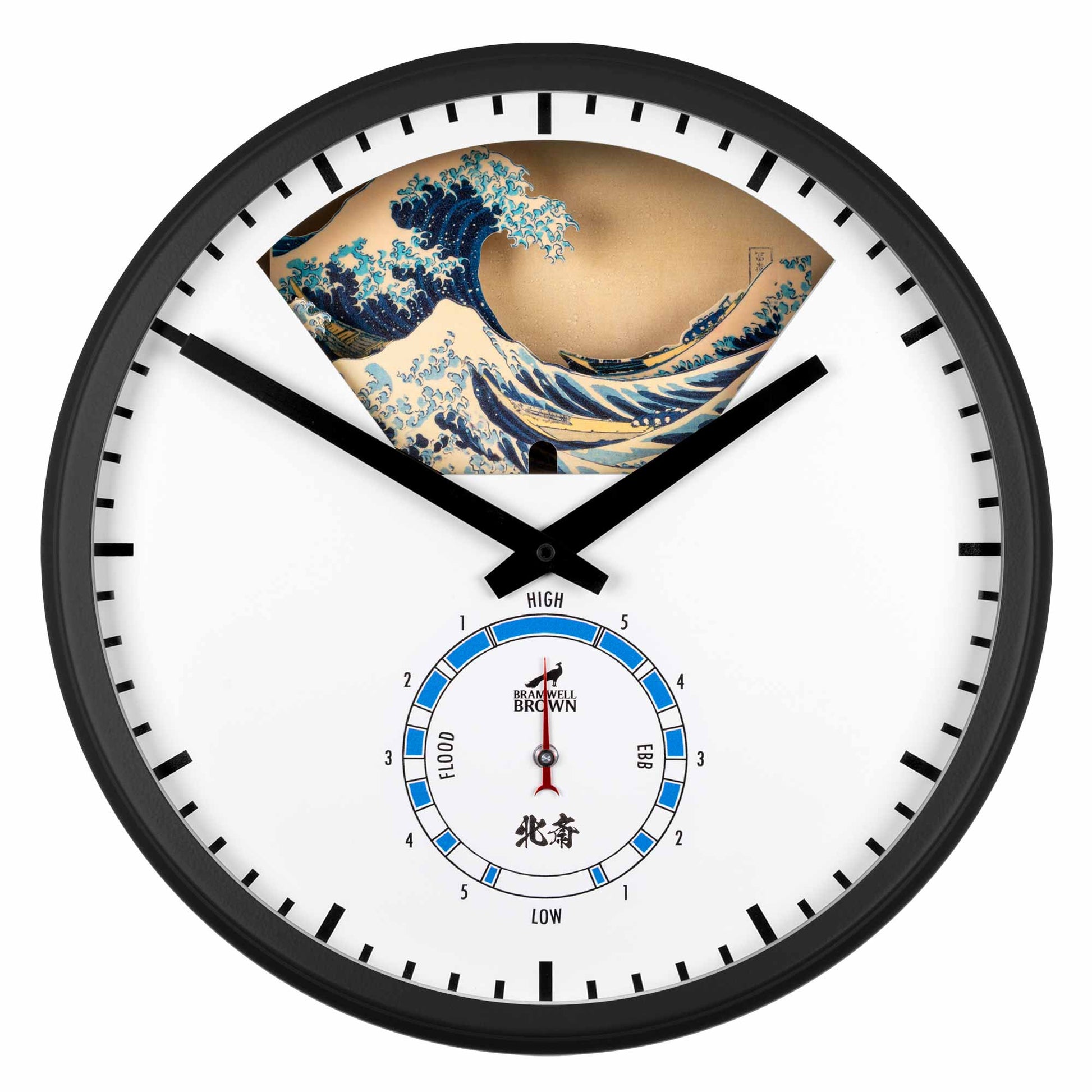 The Hokusai Tide Art Clock features The Great Wave Off Kanagawa at the top, a black frame and hands, and a tide clock dial below the center marked FLOOD and EBB with numbers and a red hand for tracking tides.