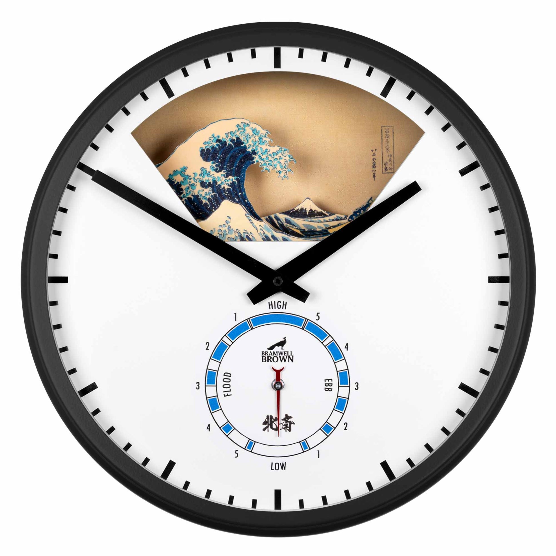 The Hokusai Tide Art Clock features The Great Wave Off Kanagawa above black clock hands, with a tide dial below the center showing HIGH and LOW tide labels.