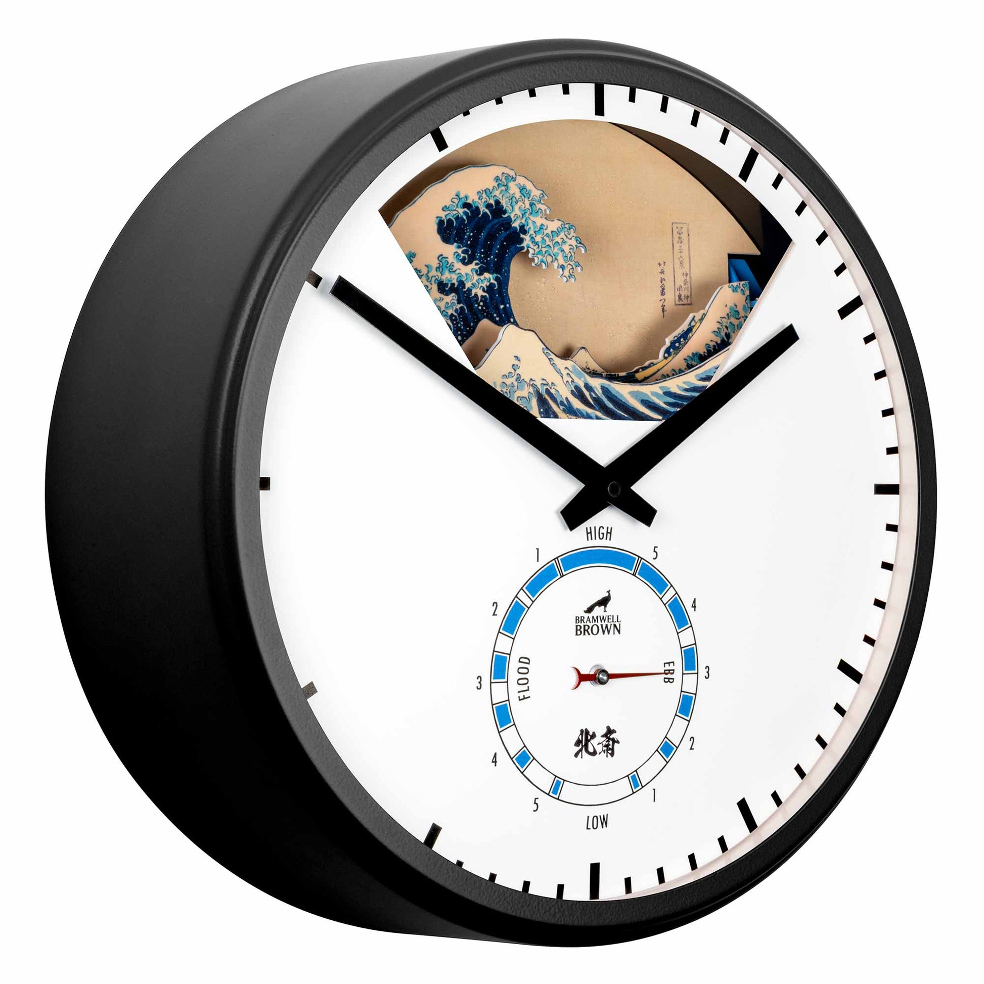The Hokusai Tide Art Clock features a round black frame, minimalist black hands, and the Great Wave Off Kanagawa at the top. A tide indicator with English and Japanese text sits below, making this a unique art piece for any space.