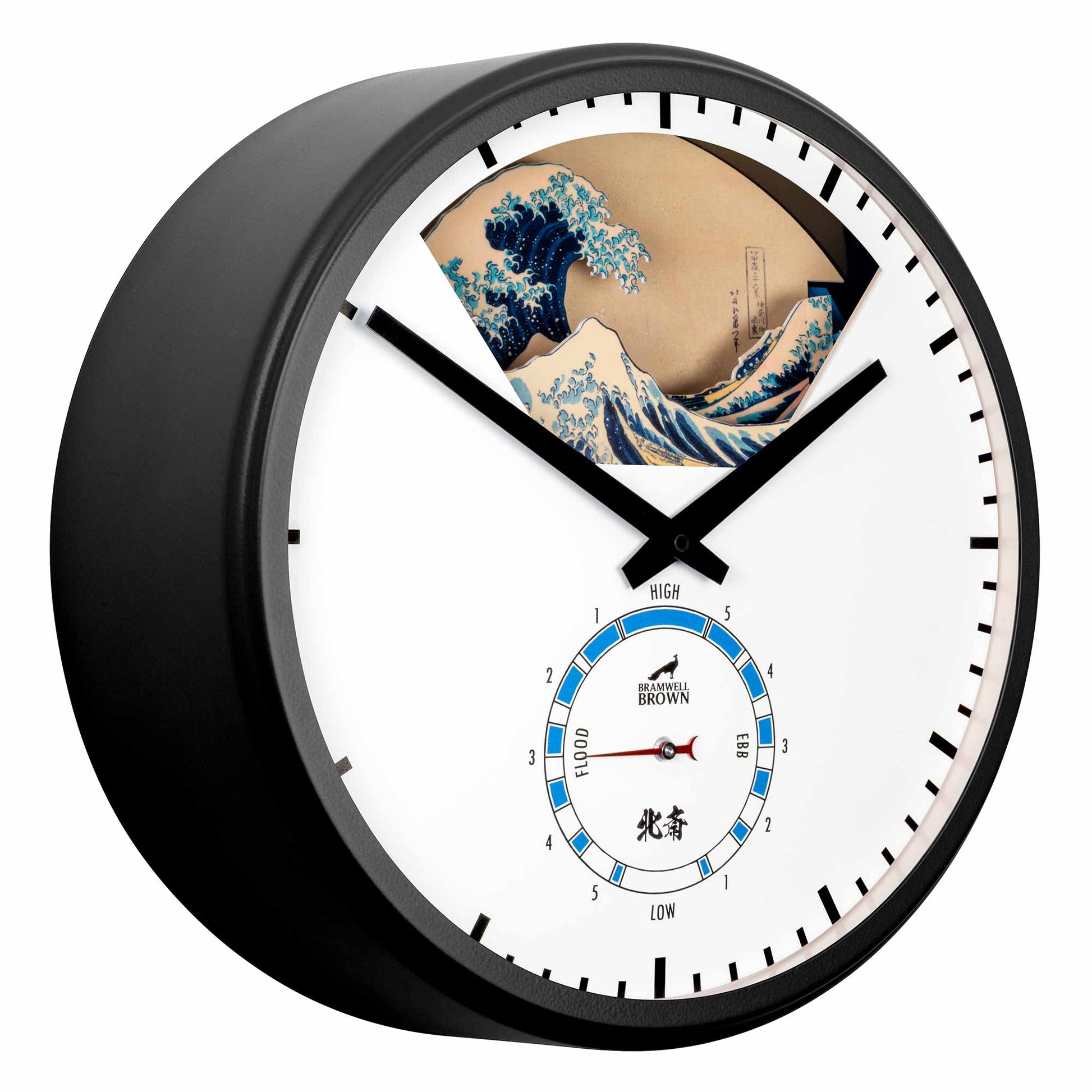 The Hokusai Tide Art Clock is a round wall clock with a black frame, featuring part of Hokusai’s Great Wave and a blue tide gauge labeled HIGH/LOW in Chinese characters and logo below the hands—an artful blend of time and tide.