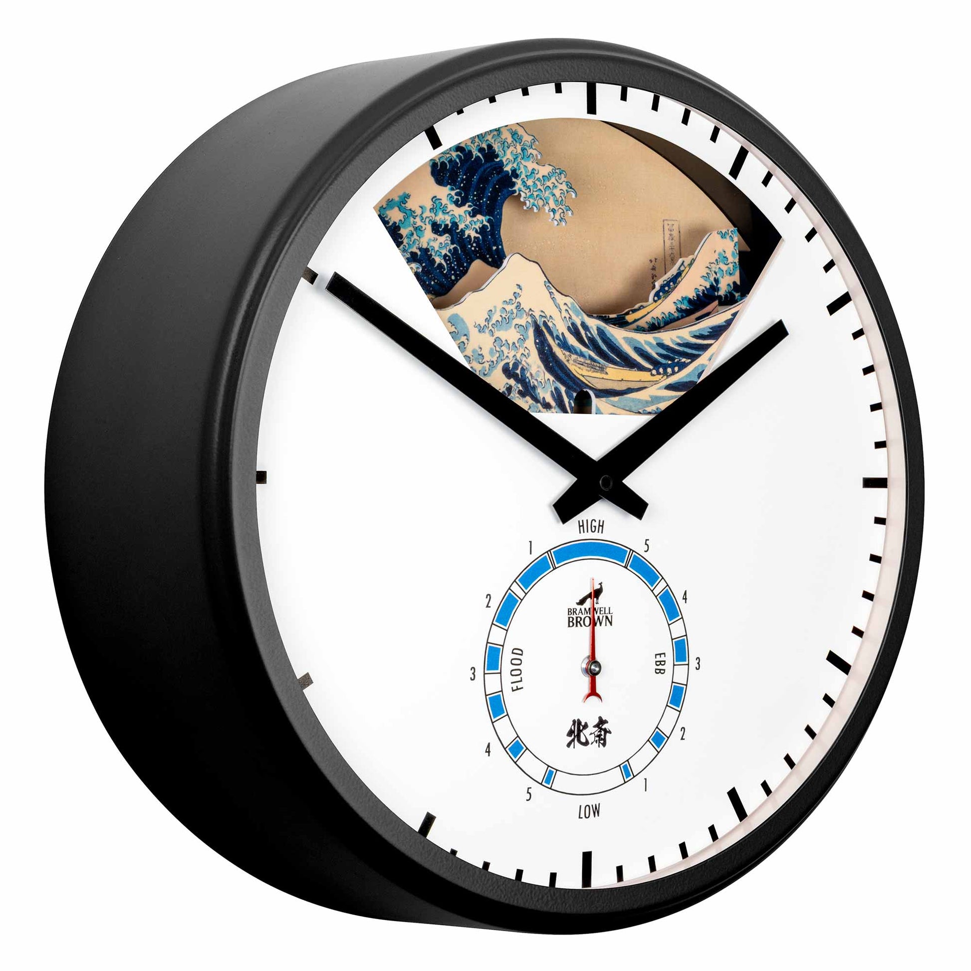 The Hokusai Tide Art Clock is a black wall clock with large black hands, showcasing the Great Wave Off Kanagawa at the top and a tide gauge at the bottom.
