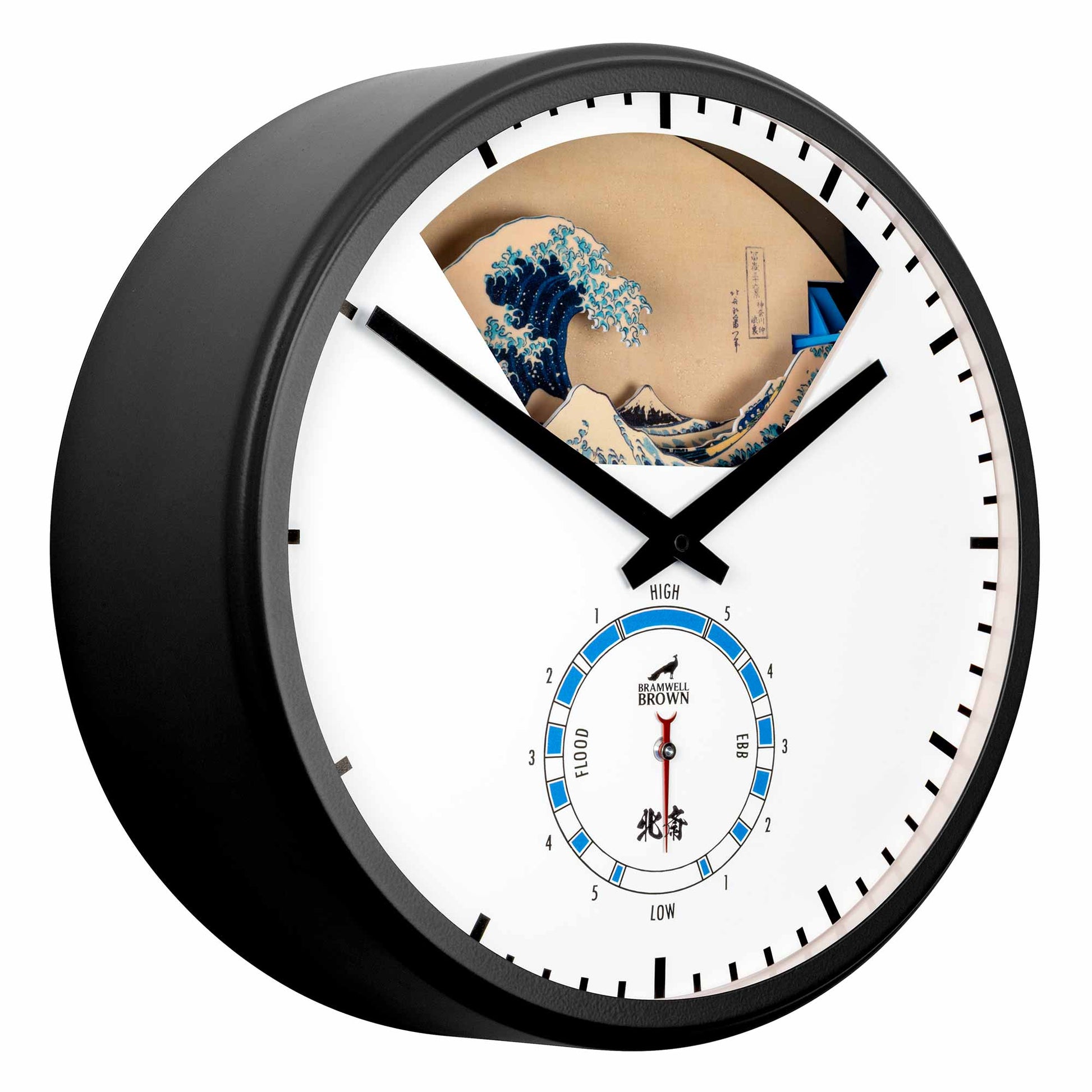 The Hokusai Tide Art Clock features the Great Wave Off Kanagawa at the top and a black frame. A tide gauge marked HIGH and LOW with blue and red markings helps you track tide levels below the center of the clock.