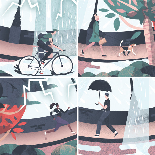 Four illustrated panels show people dealing with rain: a cyclist rides through a puddle, a person walks a dog, a runner dashes while covering her head, and a person walks under an umbrella.