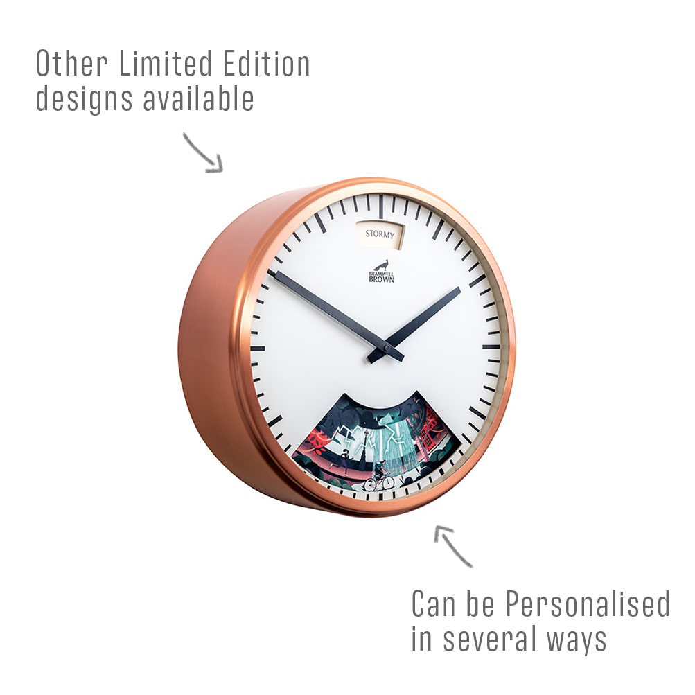 A round wall clock with a copper-colored frame and white face, featuring a small section at the bottom with illustrated figures. Text and arrows highlight options for other limited edition designs and personalization.