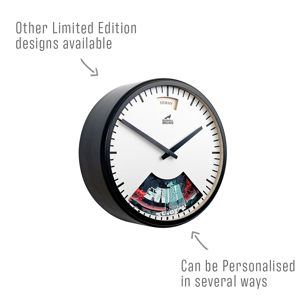 A round, modern wall clock with a white face, minimal black markings, and a unique artwork segment at the bottom. Text around the clock highlights limited edition designs and personalization options.