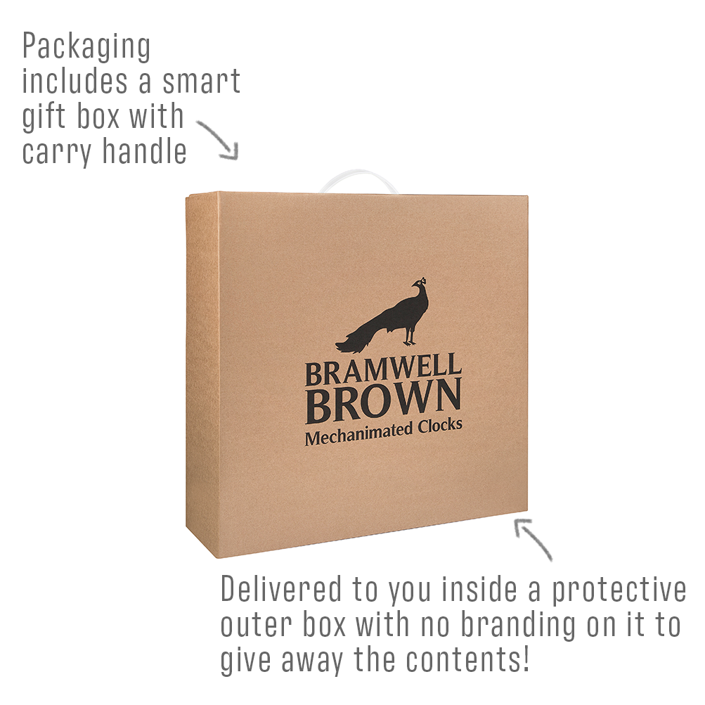 A brown Bramwell Brown Mechanimated Clocks gift box with a carry handle, shown with text noting it arrives inside a plain protective outer box to keep the contents a surprise.