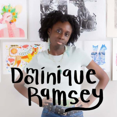 A woman with curly hair stands confidently in front of a wall filled with colorful animal artwork. The name Dominique Ramsey is written in bold, playful text across the image.