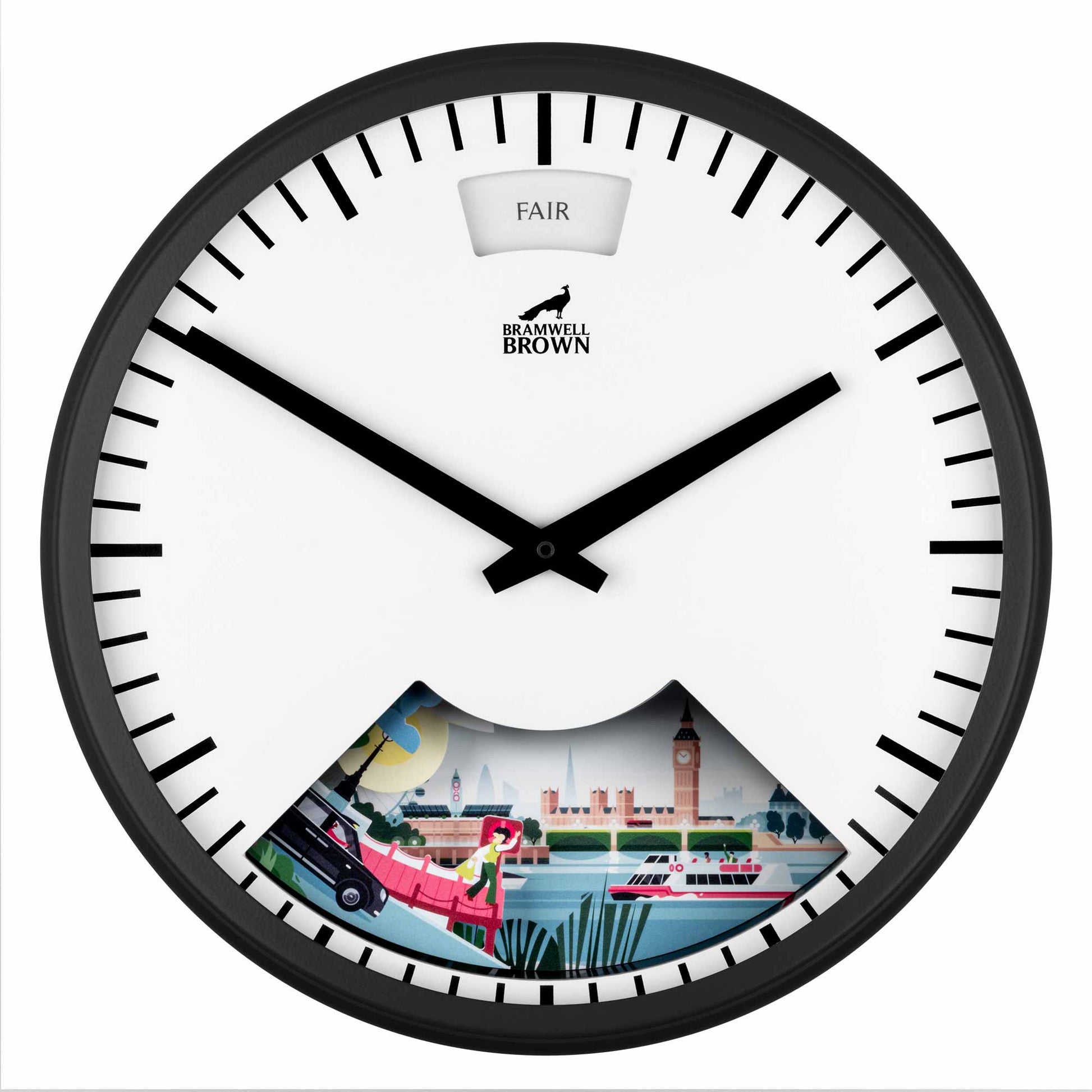The London Weather Clock - Southbank Edition is a round Japanese art wall clock with black hands, a "FAIR" weather indicator at the top, and a colorful scene of Big Ben, boats, and people at the bottom.