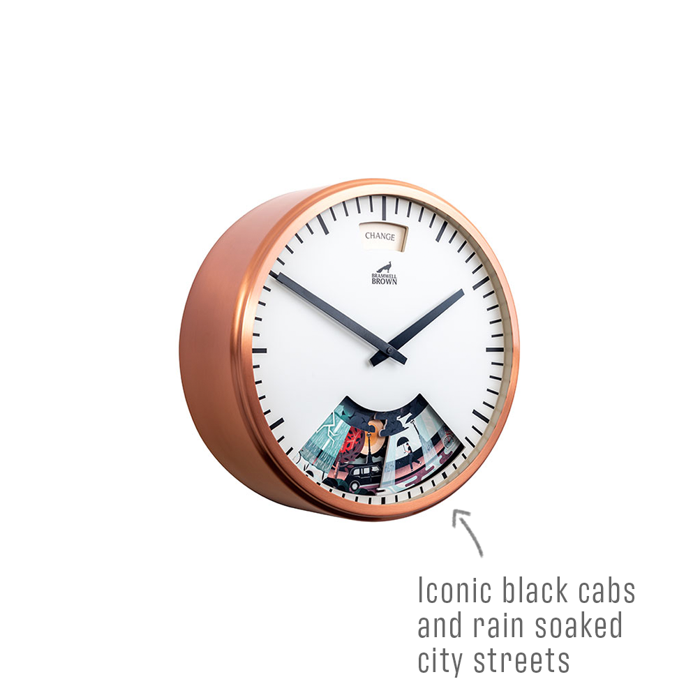 A modern wall clock with a copper frame, minimalist black hands, and a photo collage of London scenes in a window at the bottom. Text points to the collage, reading Iconic black cabs and rain soaked city streets.
