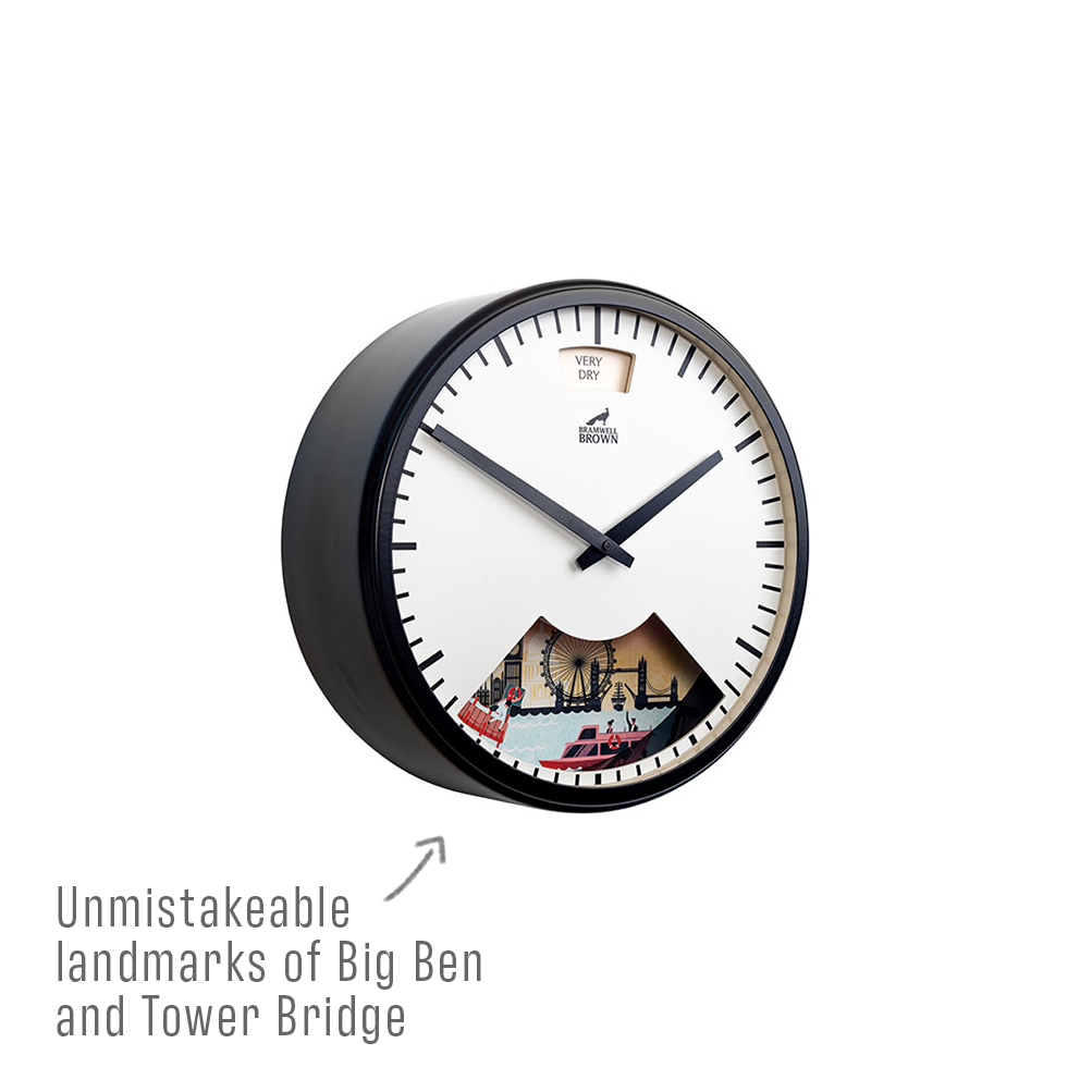 A round wall clock with black frame and white face. The lower part features colorful illustrations of Big Ben and Tower Bridge. Text reads: “Unmistakeable landmarks of Big Ben and Tower Bridge.”.